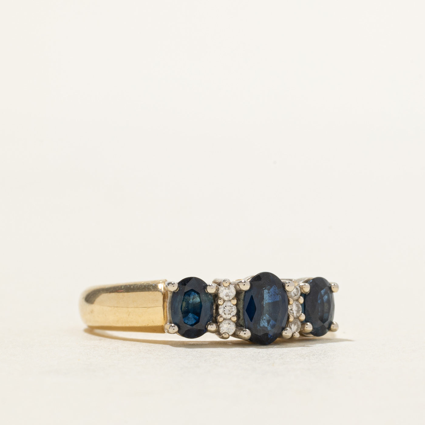 ‘Birks’ 14k Three Stone Sapphire & Diamond Ring | 1.47ctw, 0.07ctw | SZ 6.75