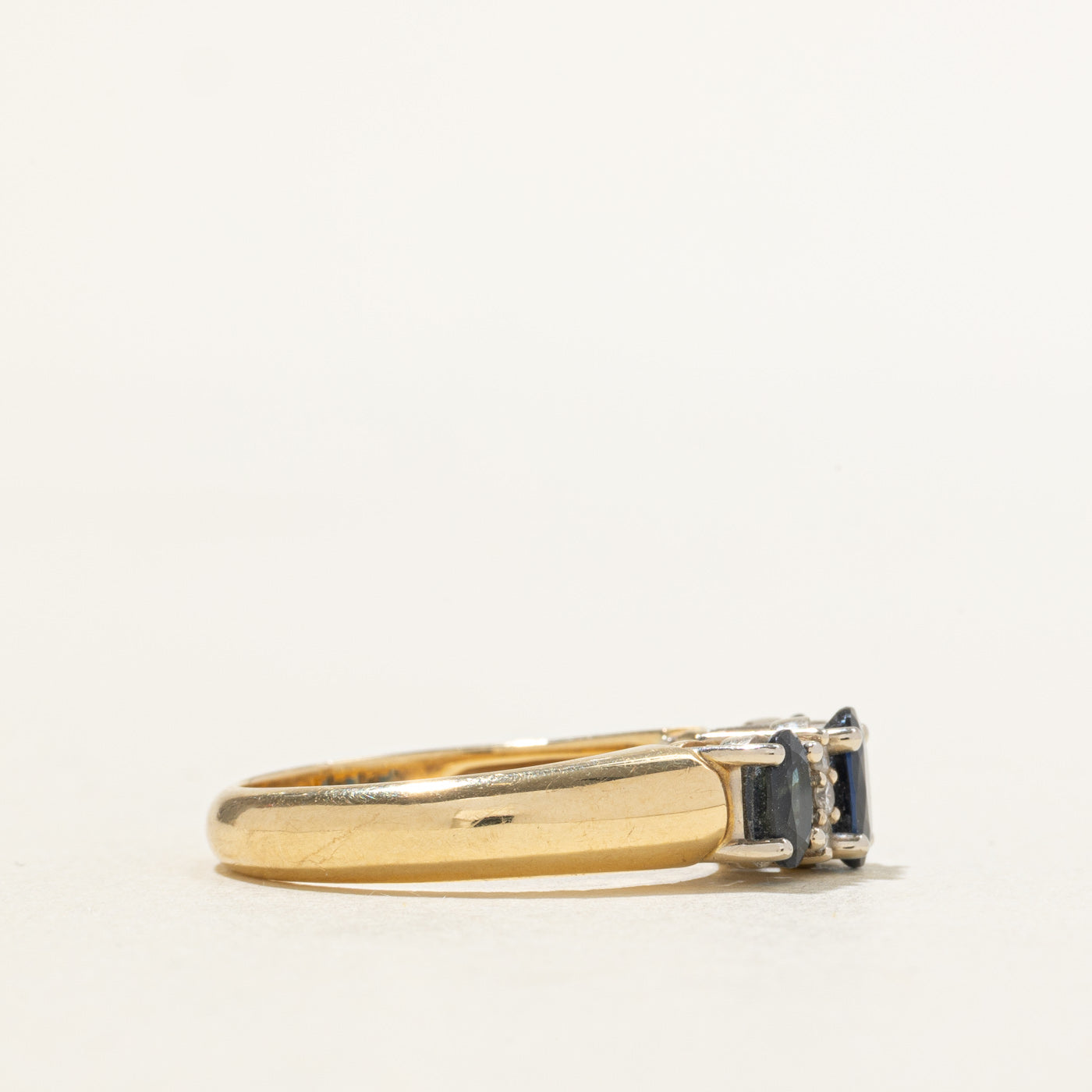 ‘Birks’ 14k Three Stone Sapphire & Diamond Ring | 1.47ctw, 0.07ctw | SZ 6.75