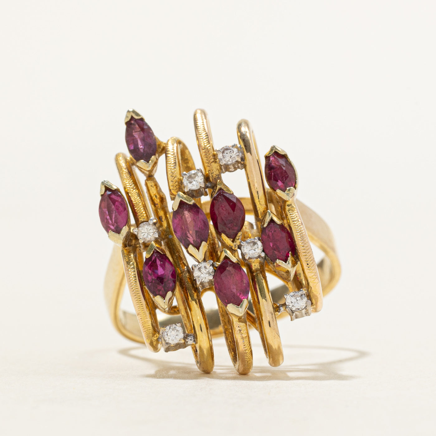 14k Ruby & Diamond Cluster Abstract Cocktail Ring | 1.58ctw, 0.14ctw | SZ 6