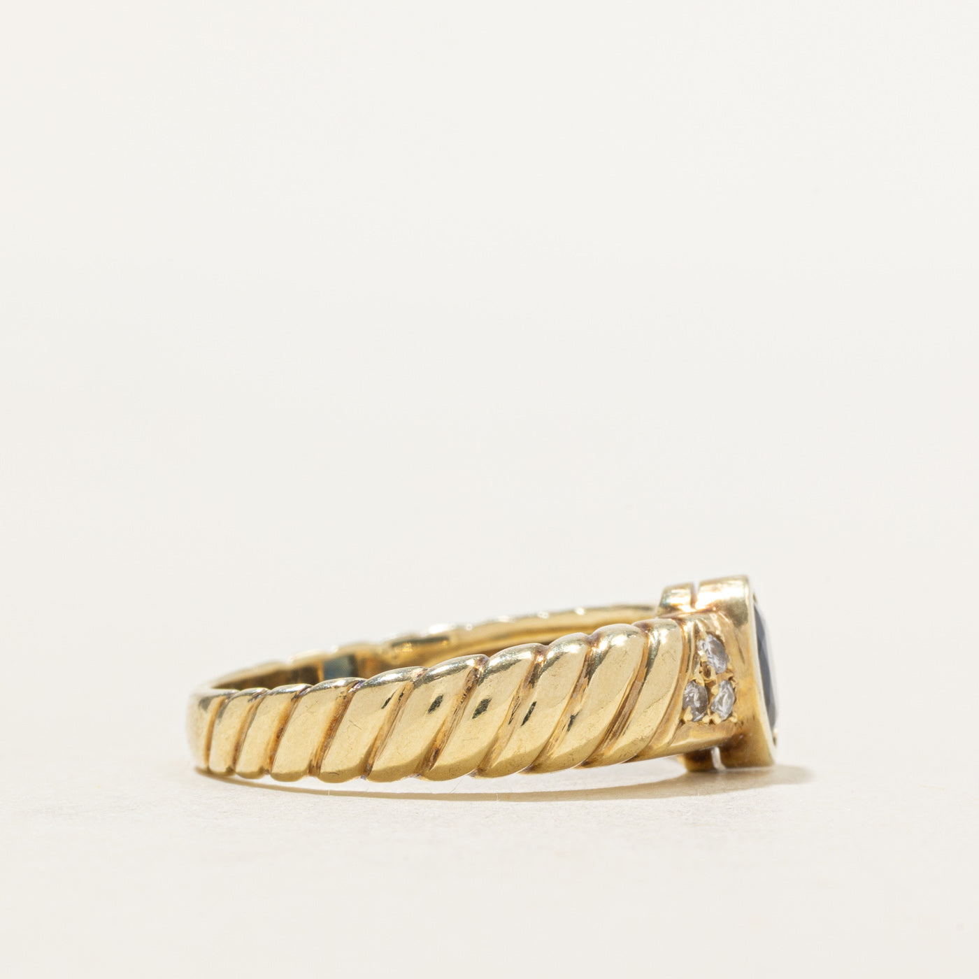 14k Bezel Set Sapphire & Diamond Accented Grooved Ring | 0.79ct, 0.11ctw | SZ 6.75