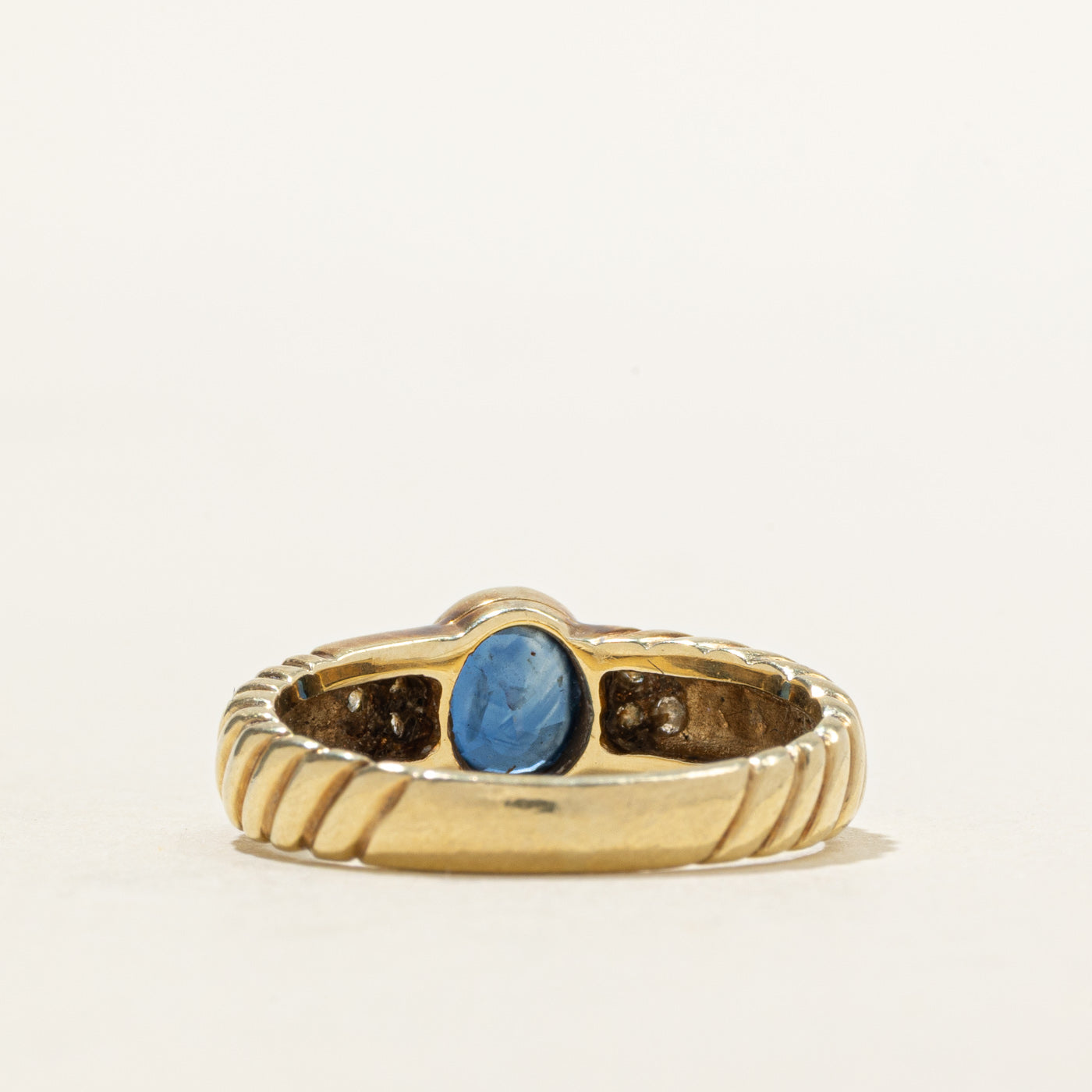 14k Bezel Set Sapphire & Diamond Accented Grooved Ring | 0.79ct, 0.11ctw | SZ 6.75
