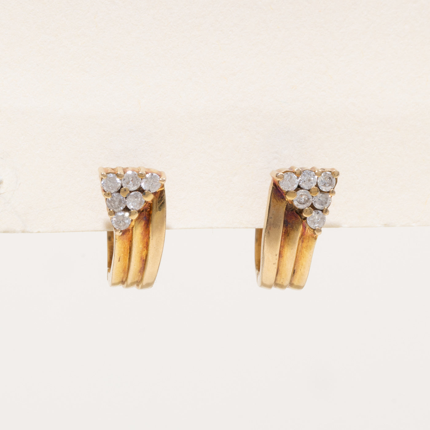 14k Diamond Triangle Cluster Grooved Huggie Earrings | 0.30ctw