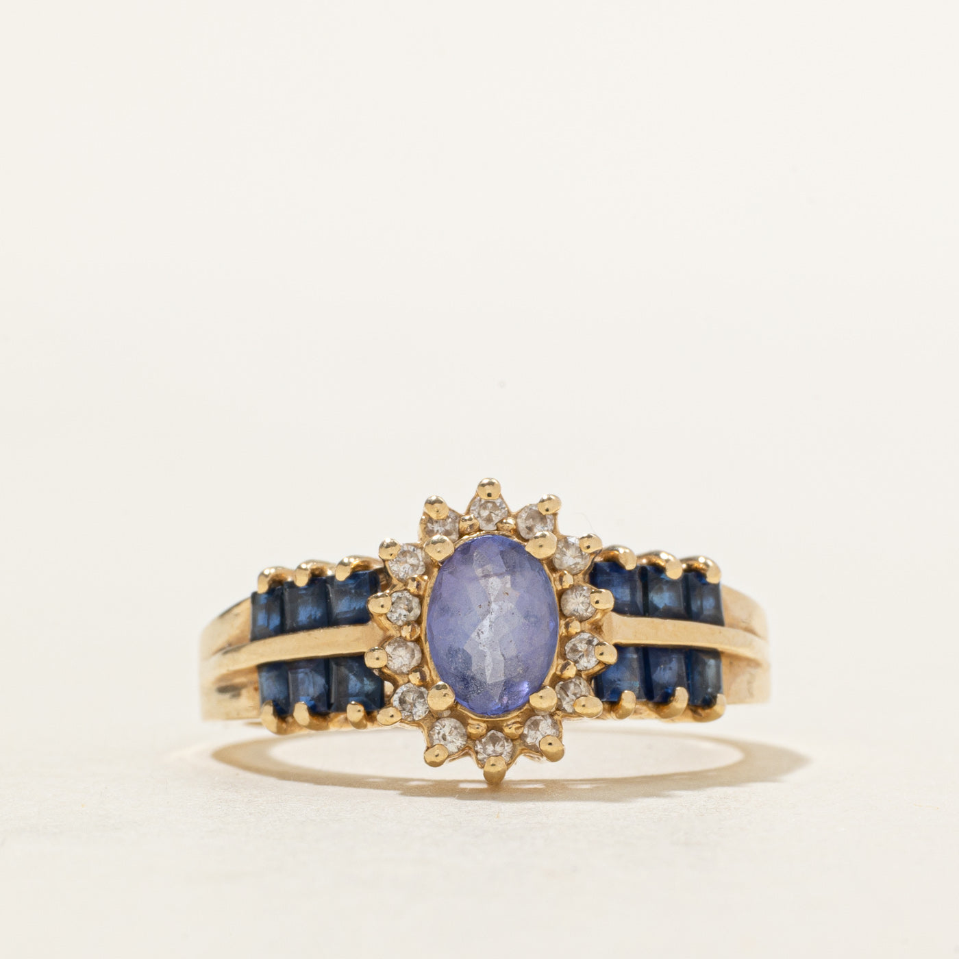 14k Tanzanite, Diamond Halo & Sapphire Accented Ring | 0.90ctw, 0.14ctw | SZ 8.75