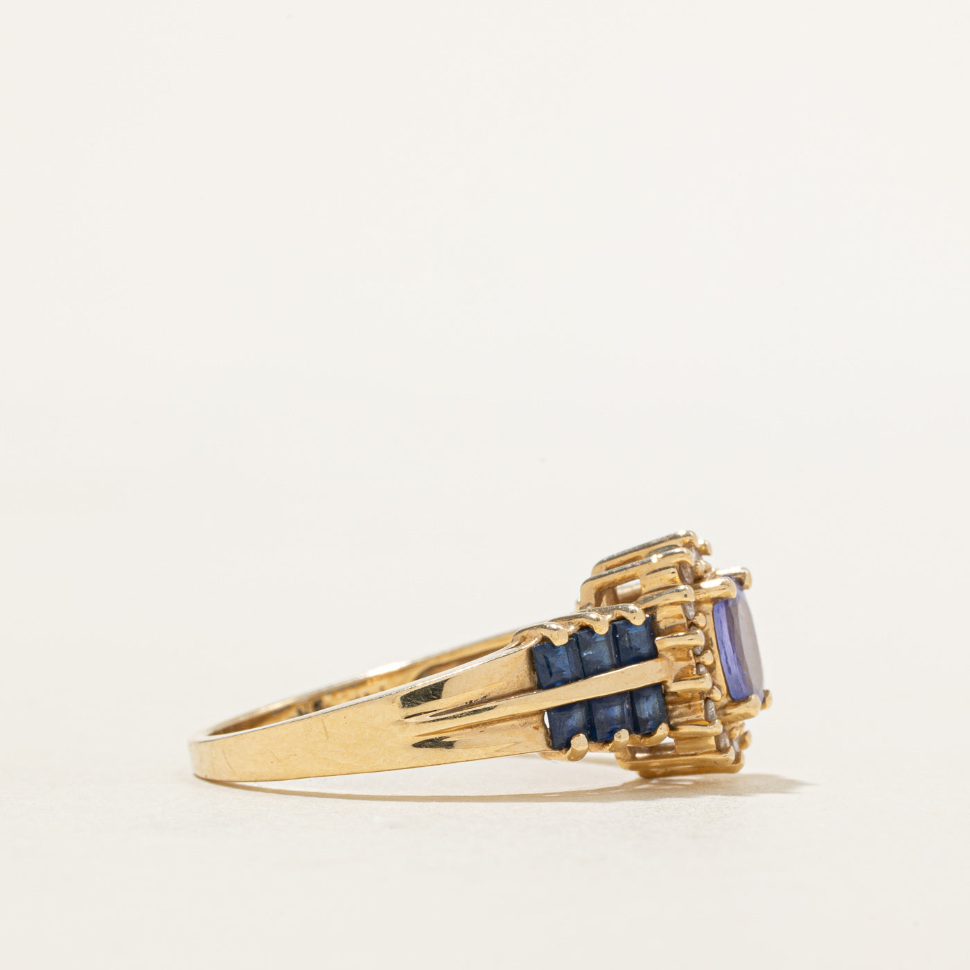 14k Tanzanite, Diamond Halo & Sapphire Accented Ring | 0.90ctw, 0.14ctw | SZ 8.75