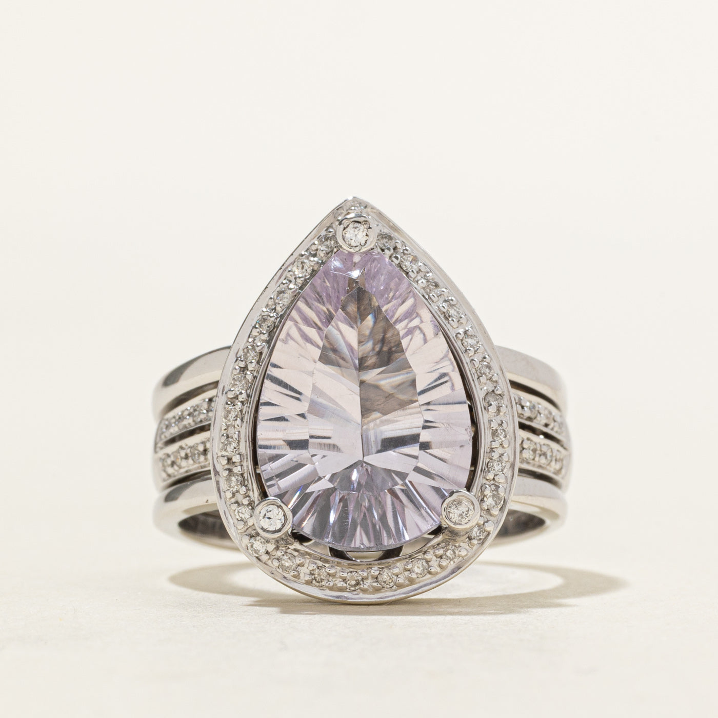 14k Pear Cut Amethyst & Diamond Halo Cocktail Ring | 4.62ct, 0.46ctw | SZ 7.25