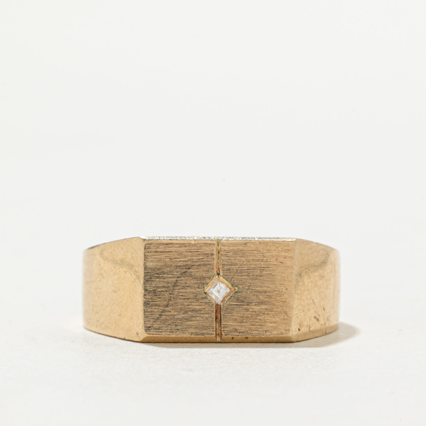 10k Asscher Cut Diamond Textured Signet Ring | SZ 10
