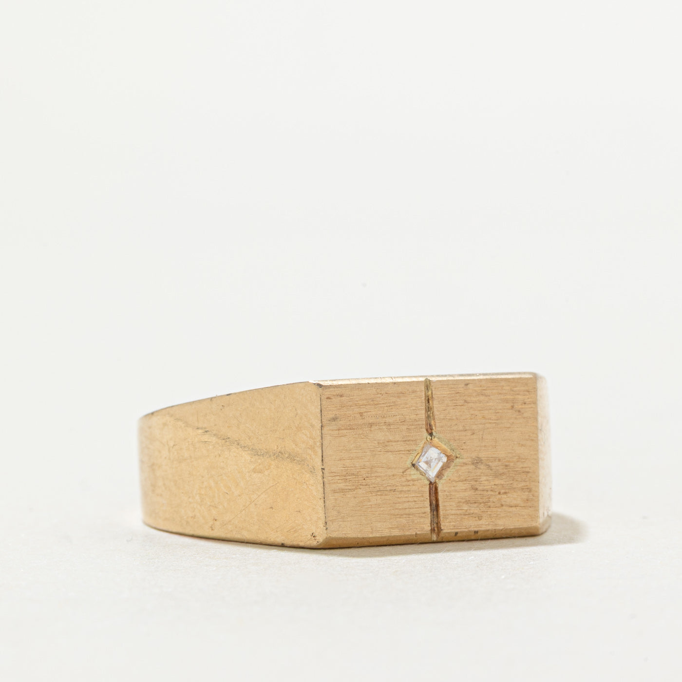 10k Asscher Cut Diamond Textured Signet Ring | SZ 10