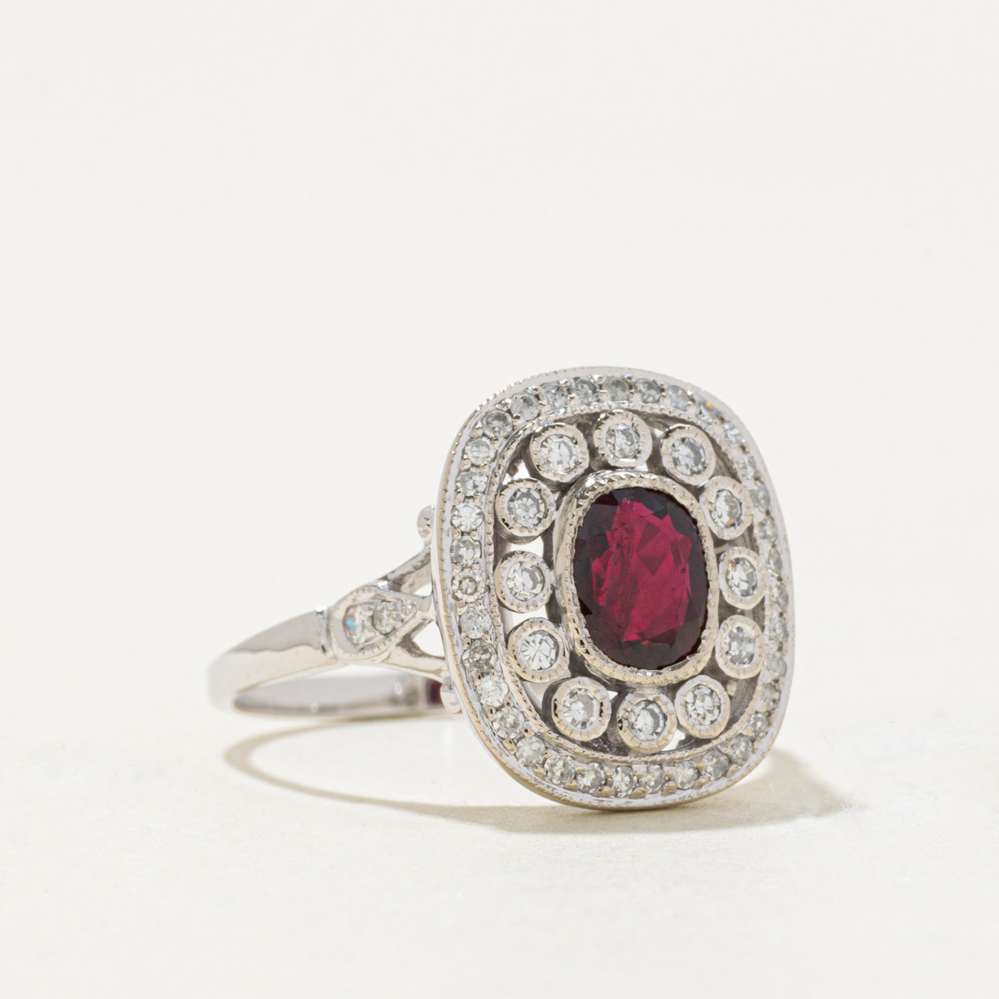 '100 Ways' 14k White Gold Art Deco Inspired Ruby & Diamond Ring | 0.93ct, 0.30ctw | SZ 6.75