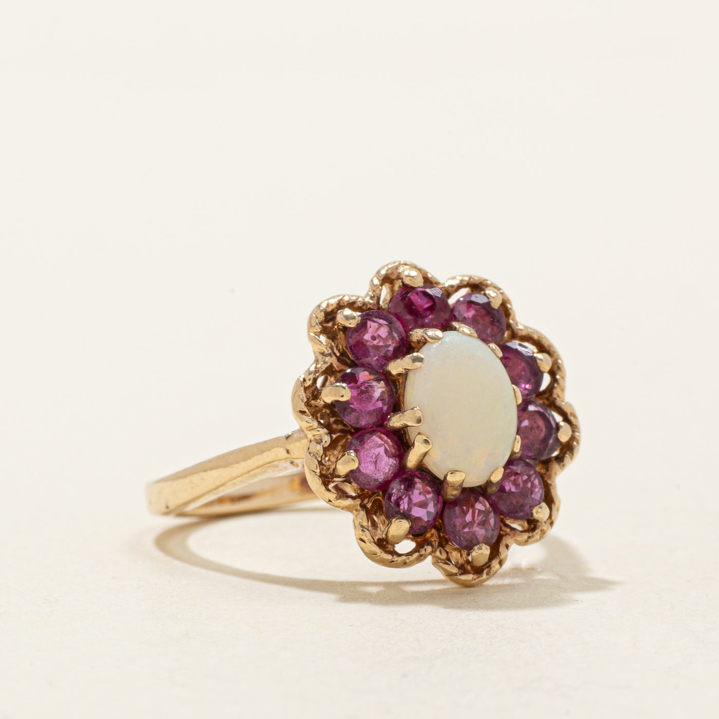 10k Opal & Ruby Floral Halo Ring | 0.82ctw, 0.61ct | SZ 5.75