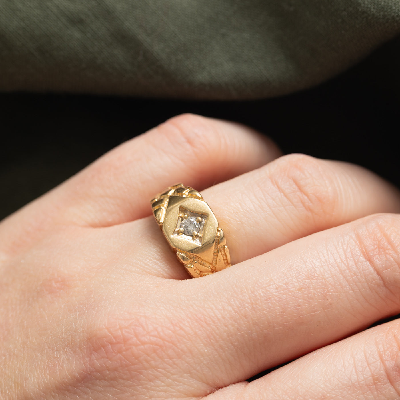 14K Diamond Textured Signet Ring | 0.10ct | SZ 7.0