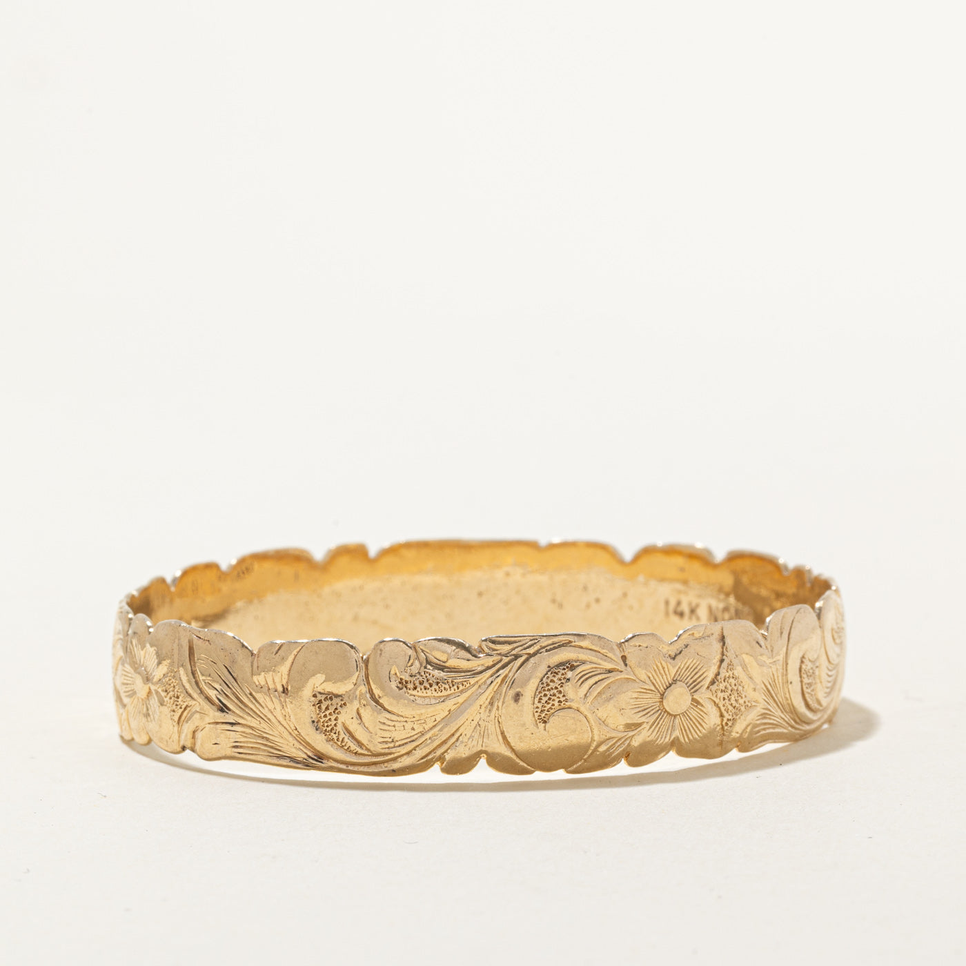 14k Yellow Gold Floral Engraved Bangle Bracelet | 7"