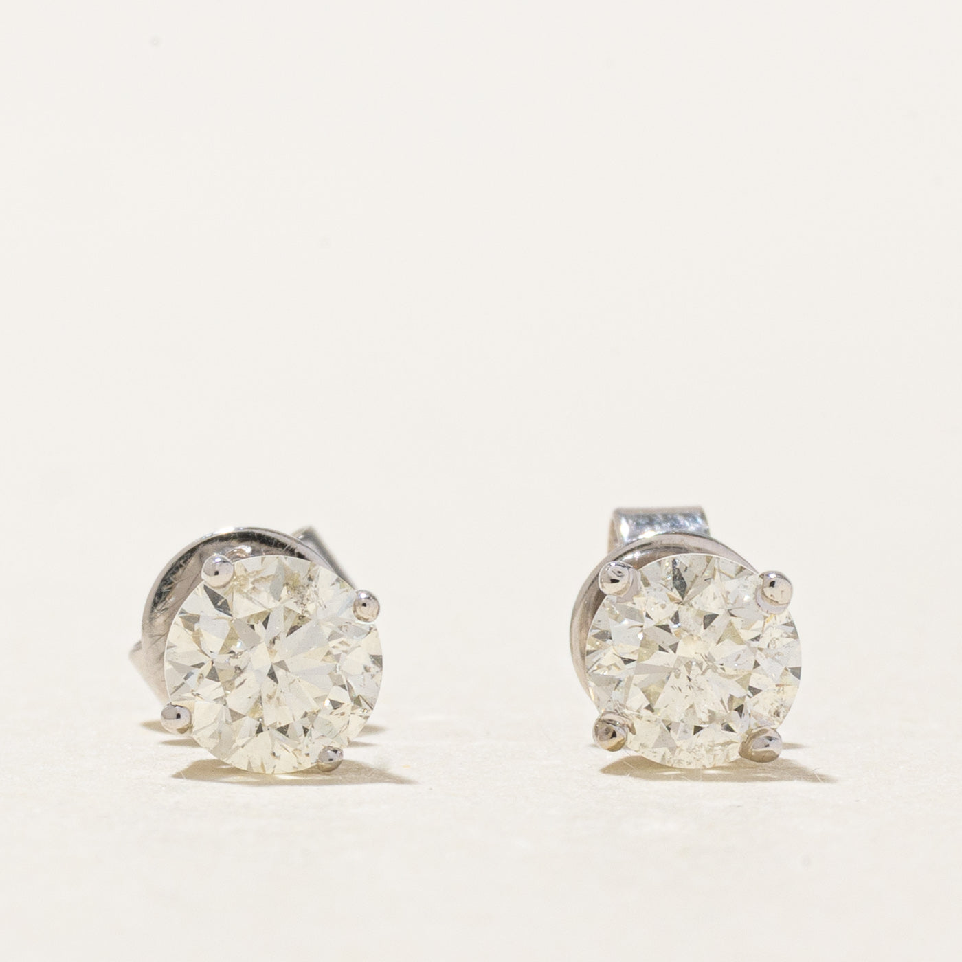 14k White Gold Solitaire Diamond Stud Earrings | 0.90ctw SI2/I1 I/J