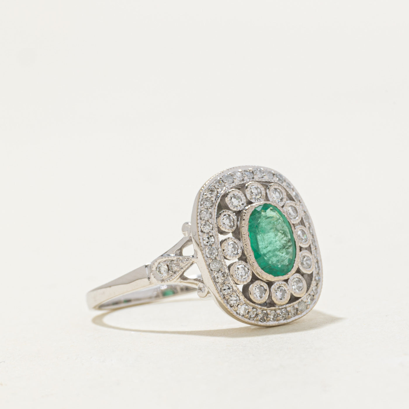 '100 Ways' 14k White Gold Art Deco Inspired Emerald & Diamond Ring | 0.67ct, 0.30ctw | SZ 6.75