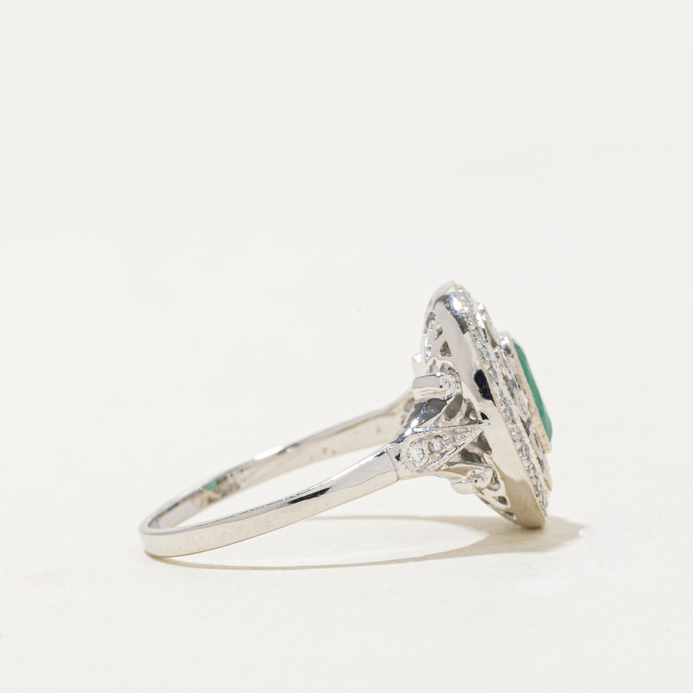 '100 Ways' 14k White Gold Art Deco Inspired Emerald & Diamond Ring | 0.67ct, 0.30ctw | SZ 6.75