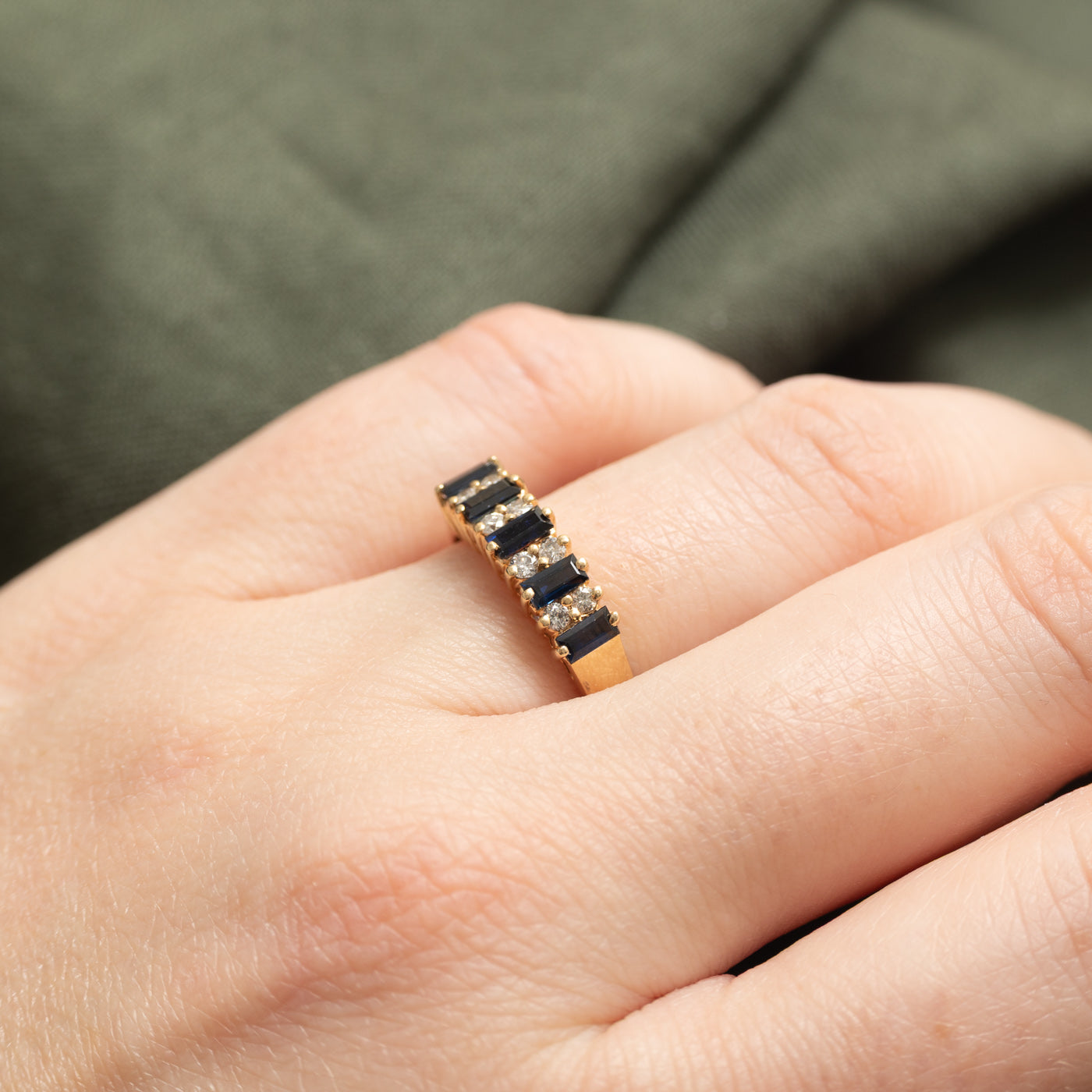 14K Semi Eternity Baguette Cut Sapphire & Diamond Band | 0.60ctw, 0.16ctw | SZ 7.5