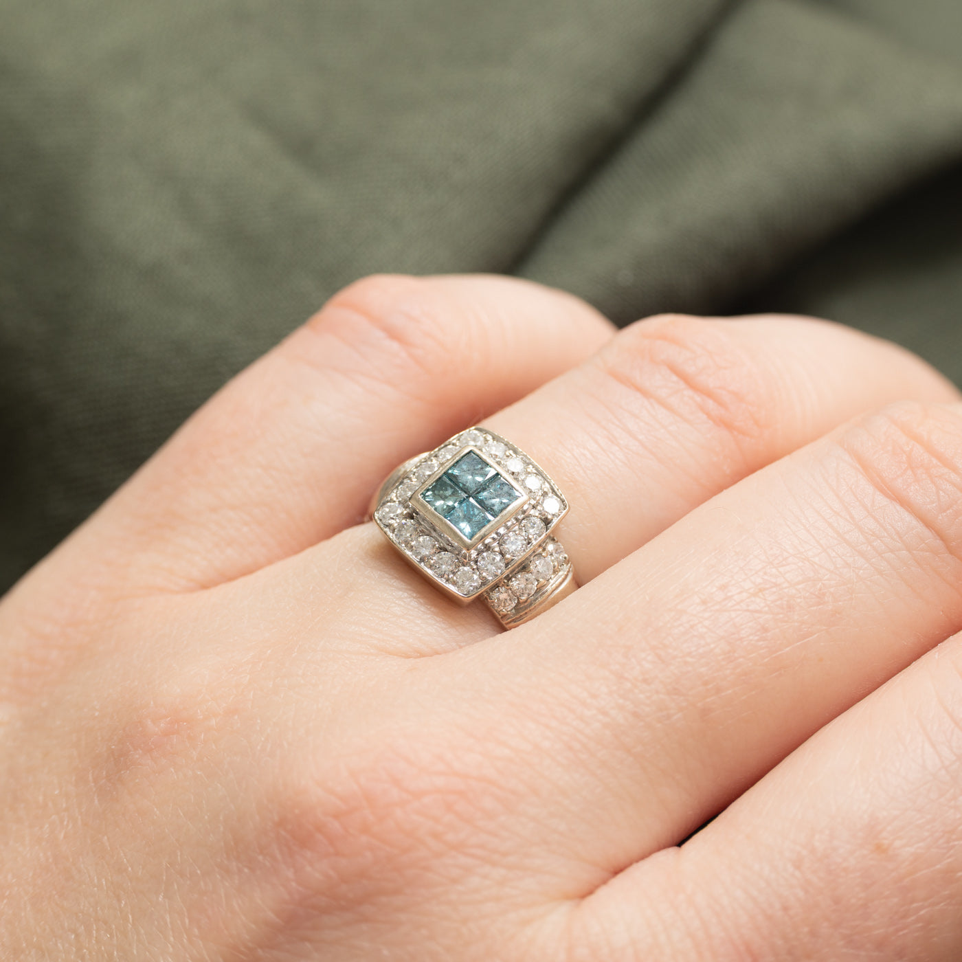 14K Blue & White Diamond Halo Hinge Ring | 1.32ctw | SZ 5.0