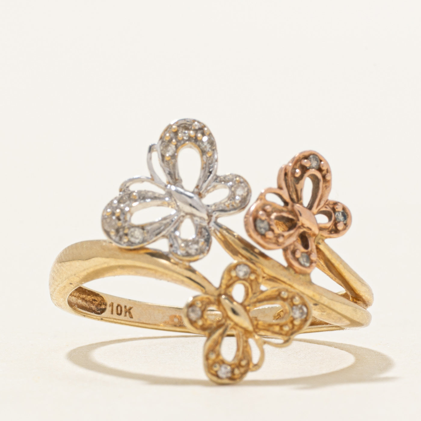 10K Tri Tone Gold Diamond Butterfly Ring | SZ 7.0
