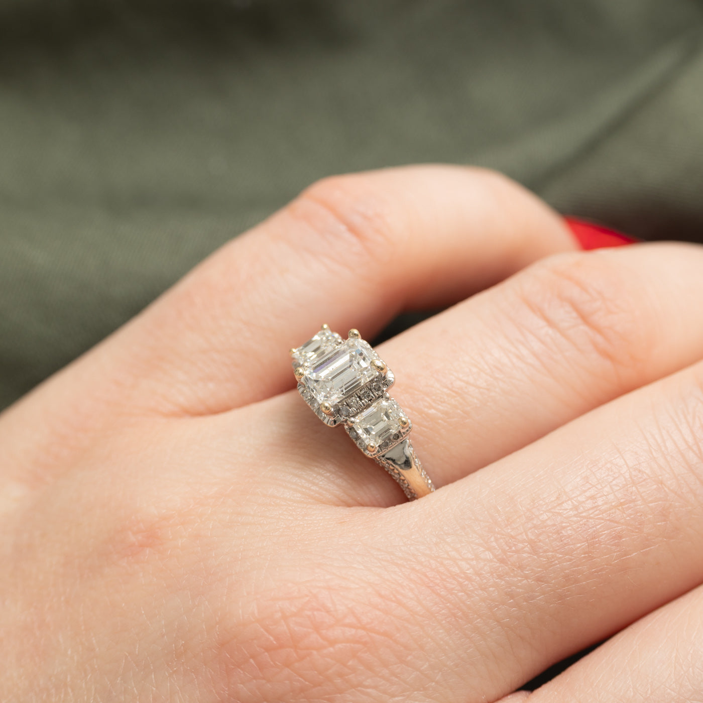 Three Stone Emerald Cut Diamond Halo Ring | 1.62ctw | SZ 7.0
