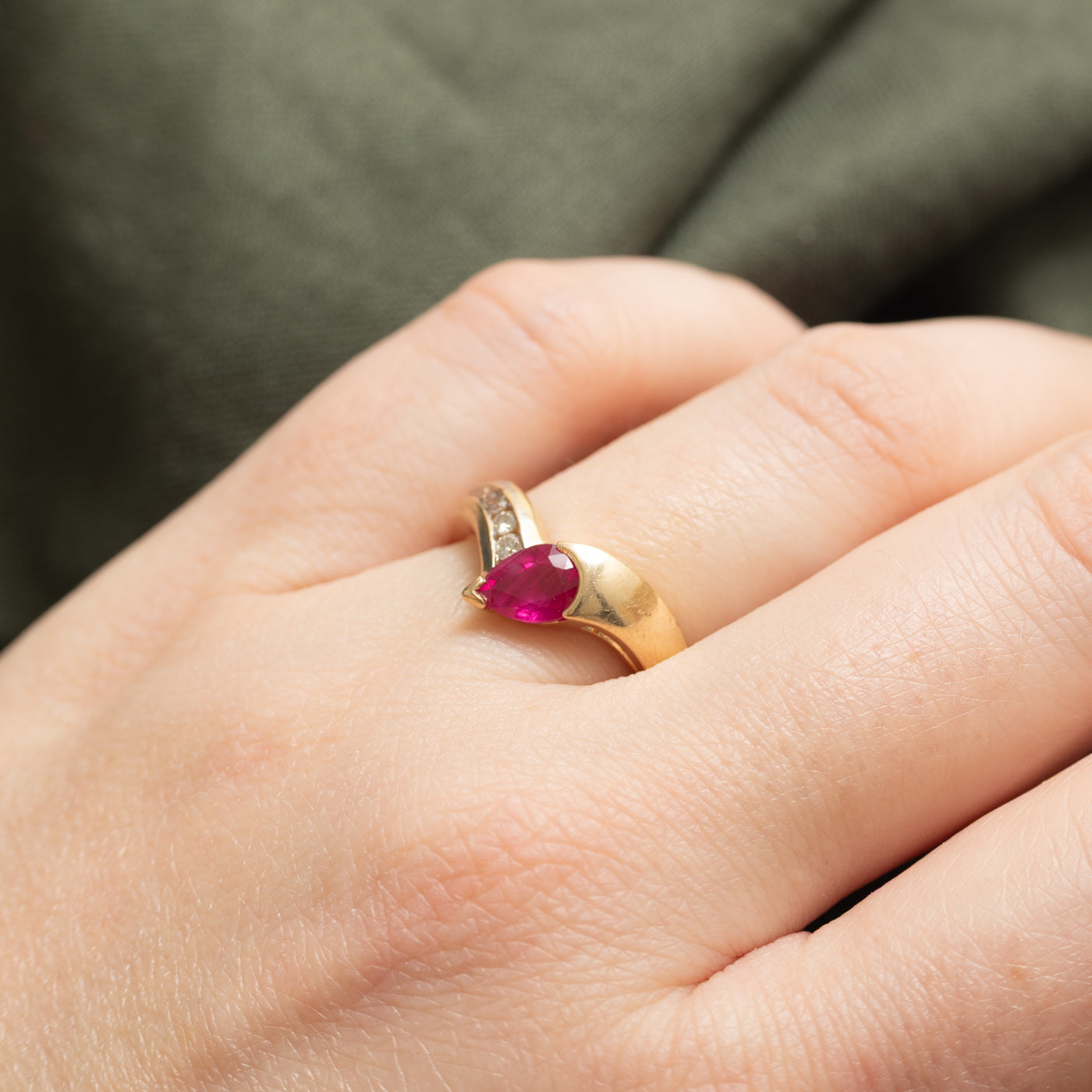 14K Pear Cut Ruby & Diamond Chevron Ring | 0.75ct, 0.09ctw | SZ 6.75