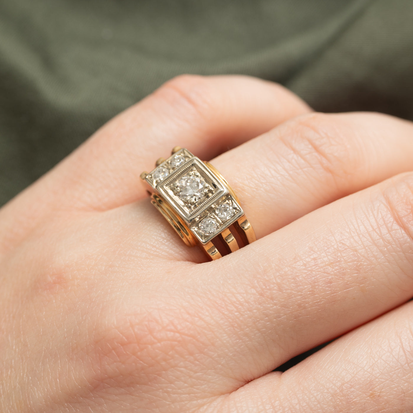 10k Diamond Geometric Grooved Ring | 0.39ct VS1 H, 0.35ctw | SZ 10.25