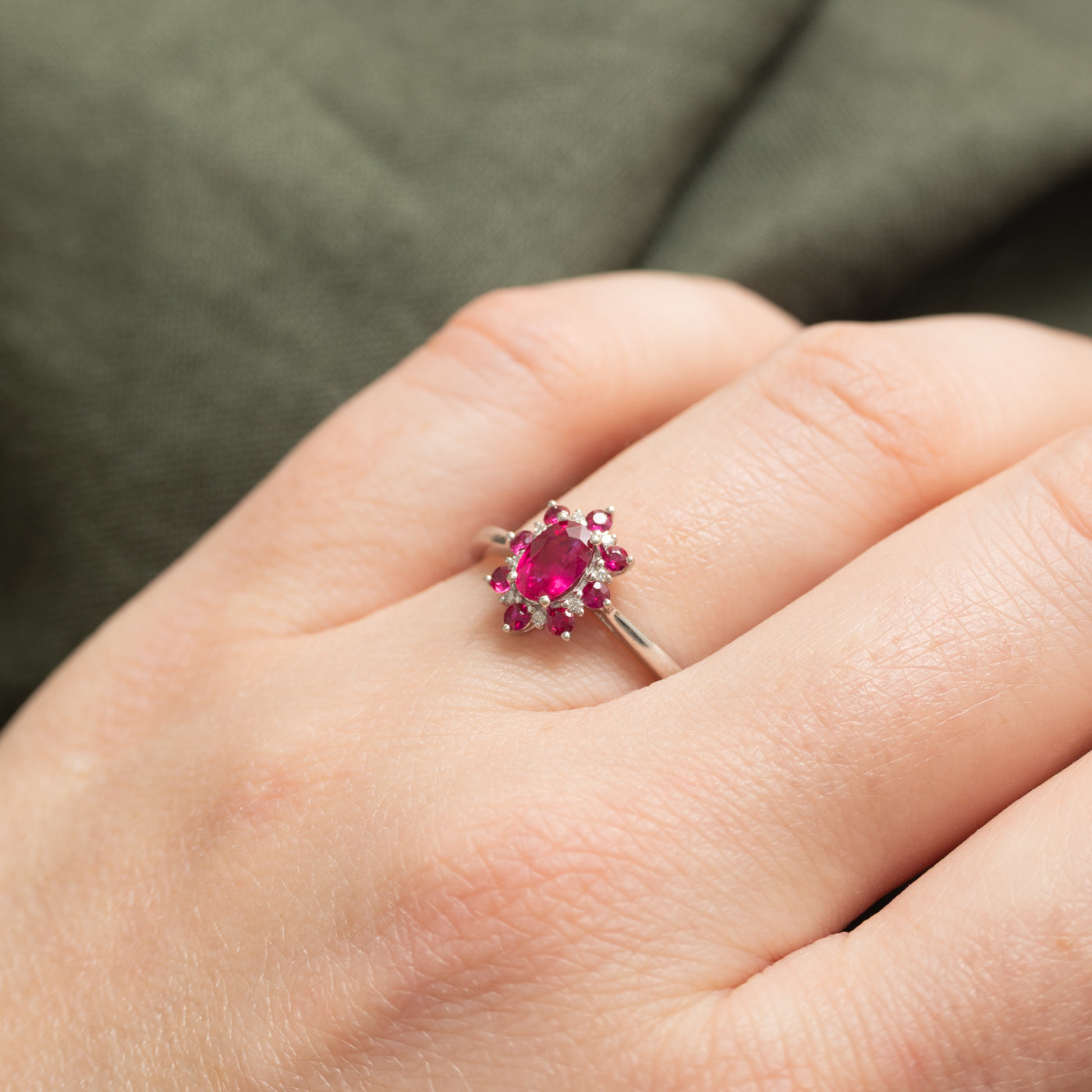 14K Synthetic Ruby & Natural Diamond Petal Halo Ring | 0.70ctw, 0.04ctw | SZ 7.0