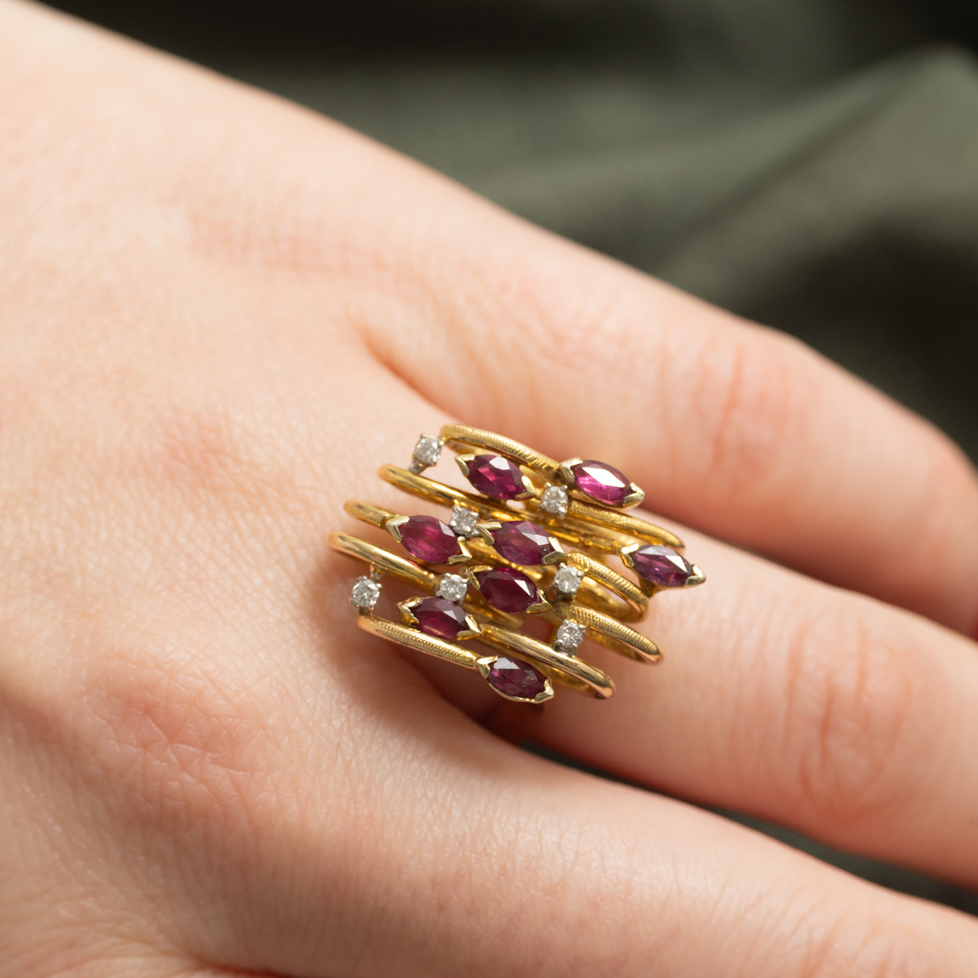 14k Ruby & Diamond Cluster Abstract Cocktail Ring | 1.58ctw, 0.14ctw | SZ 6