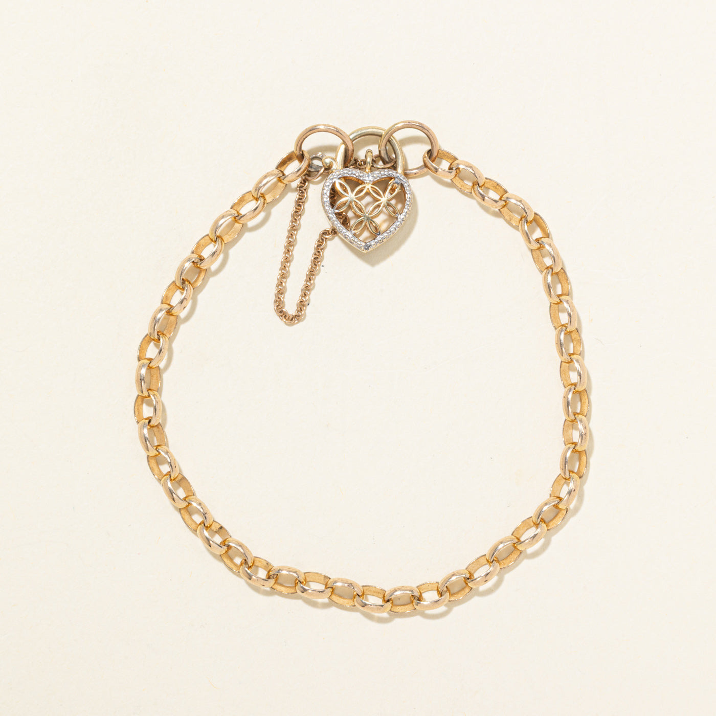 10k Yellow Gold Heart Padlock Charm Bracelet | 8"