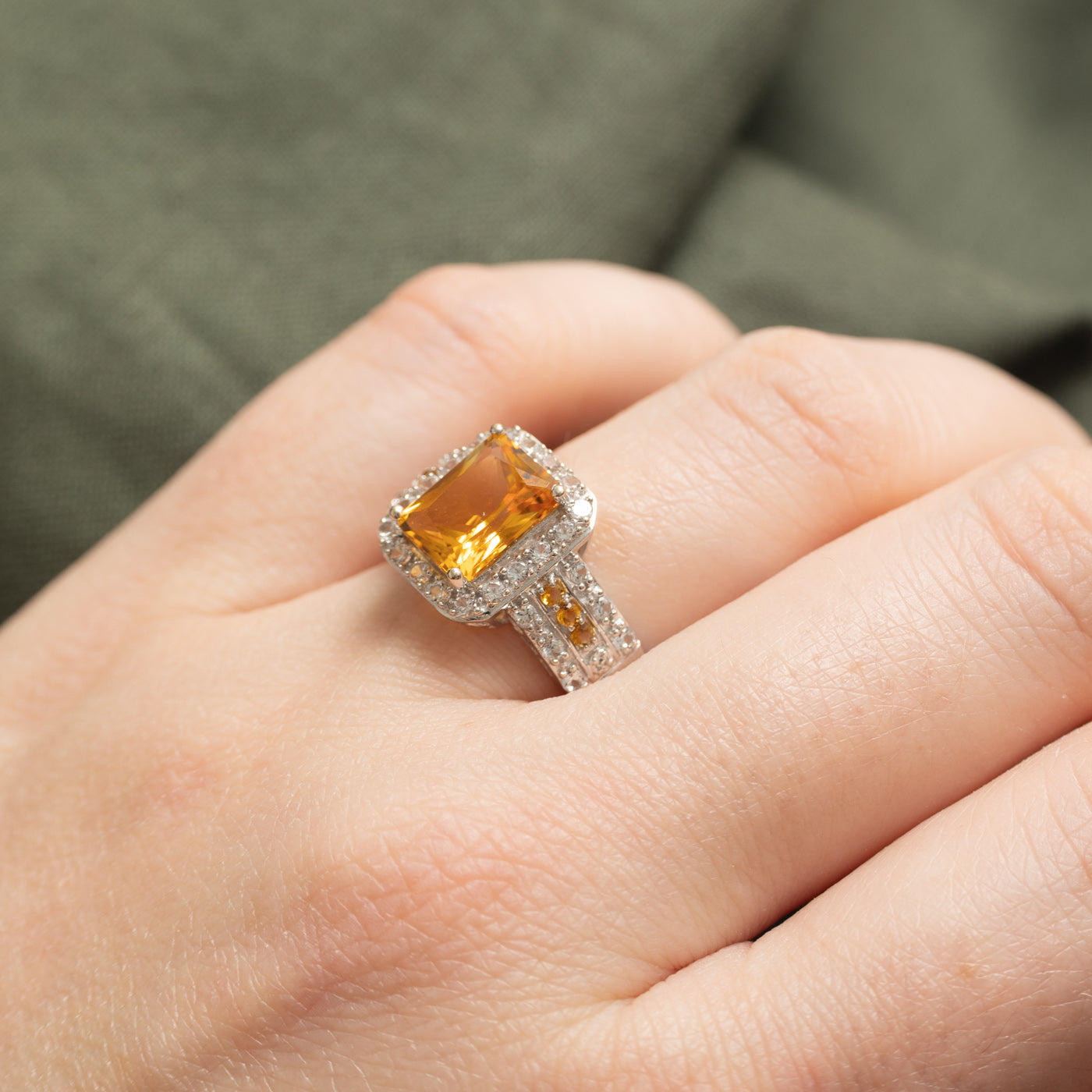 14K Radiant Cut Citrine & Synthetic Sapphire Halo Ring | 2.25ctw, 0.50ctw | SZ 7.0