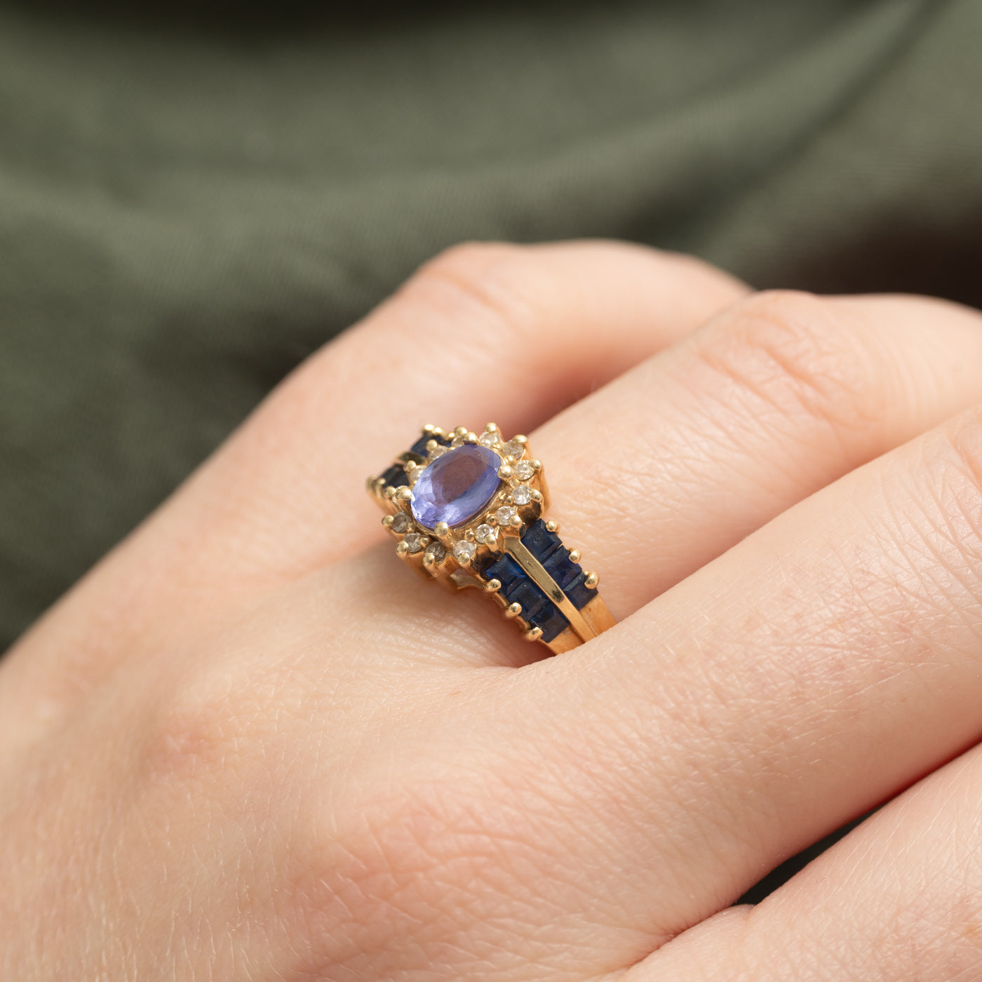 14k Tanzanite, Diamond Halo & Sapphire Accented Ring | 0.90ctw, 0.14ctw | SZ 8.75