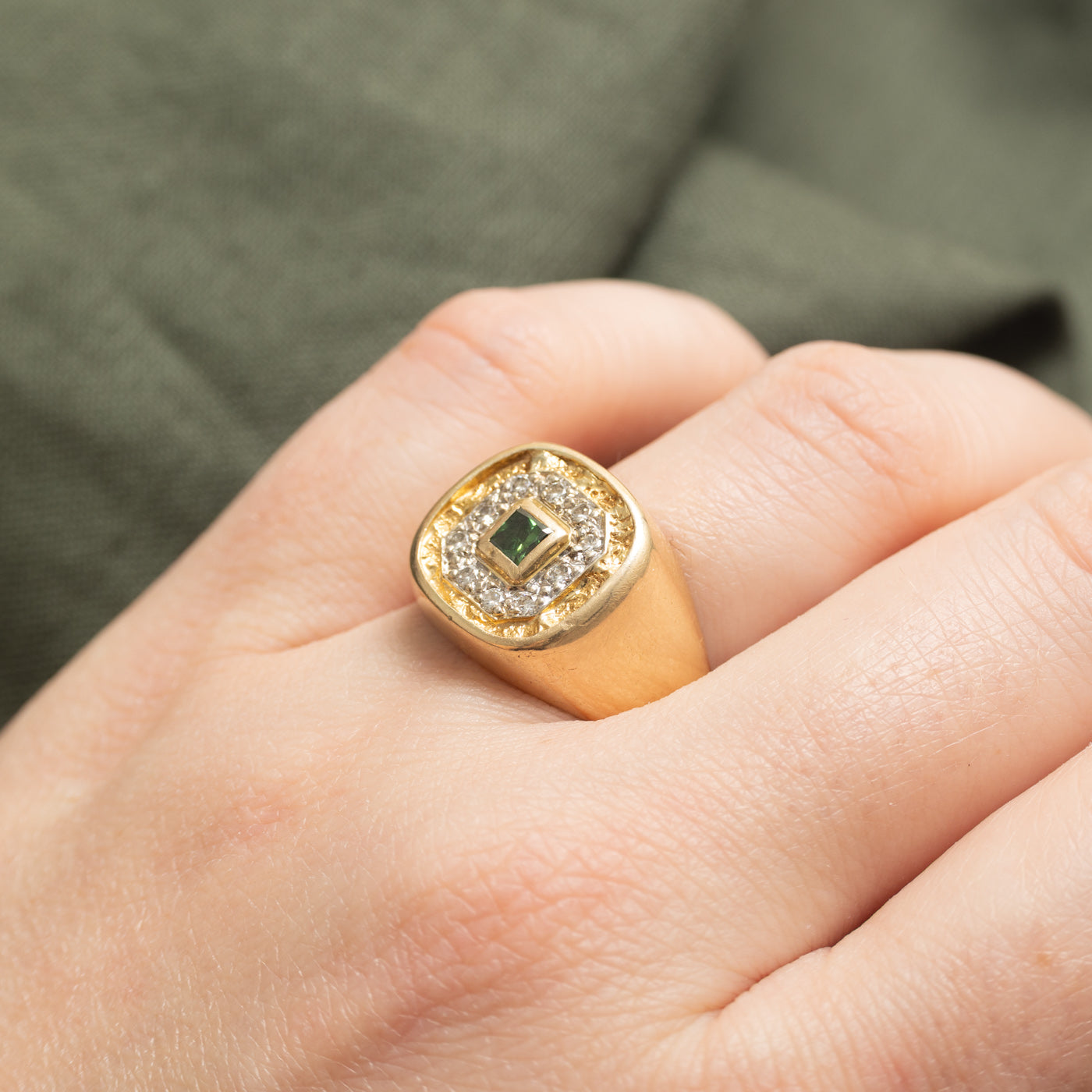 14K Green & White Diamond Textured Signet Ring | 0.50ctw | SZ 8.5