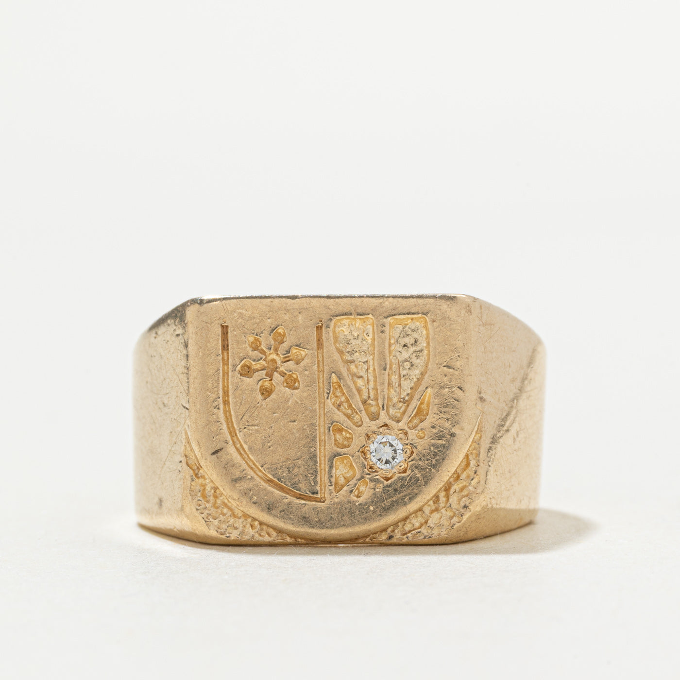 10k Diamond Engraved Signet Ring | SZ 9