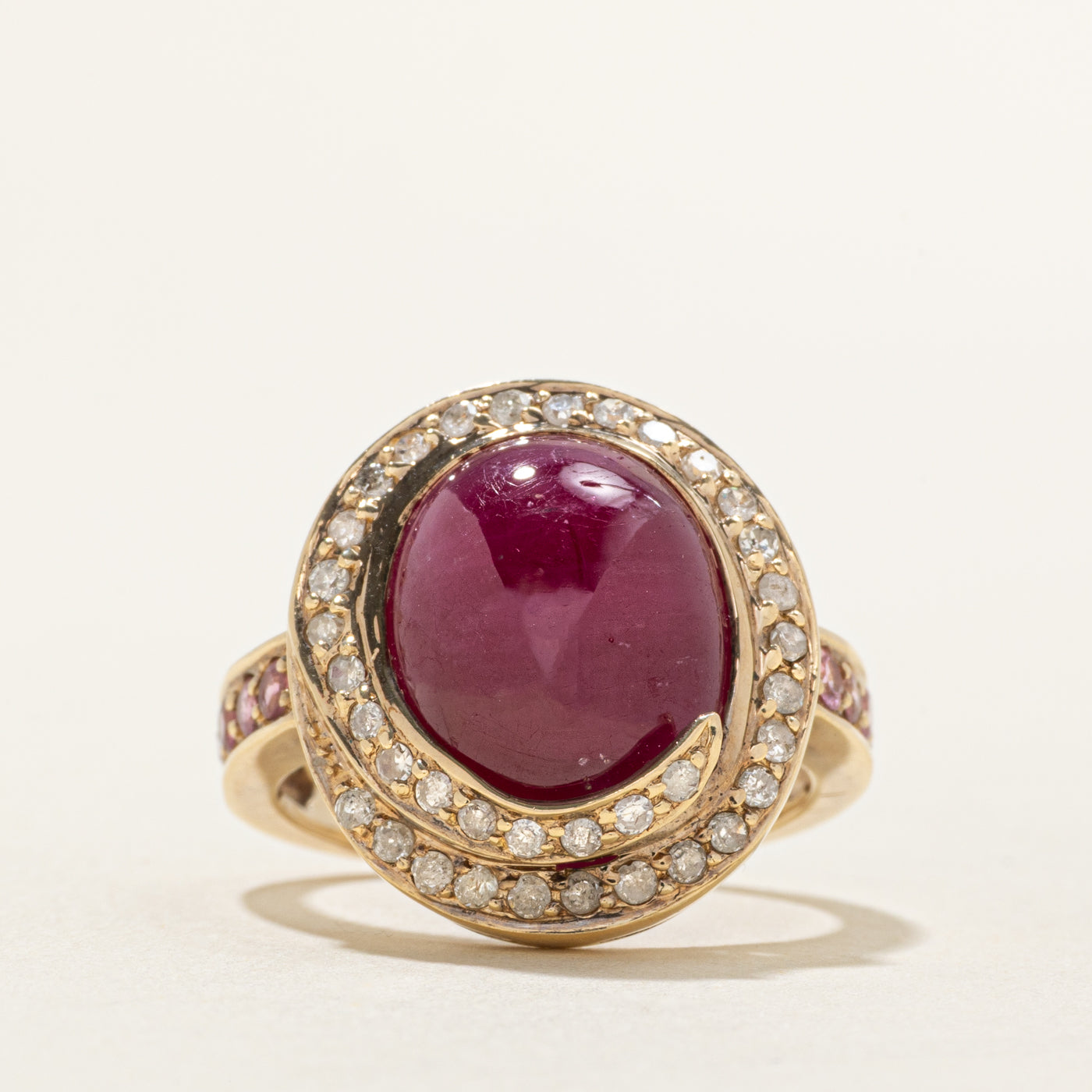 Cabochon Cut Ruby Diamond Ring SZ