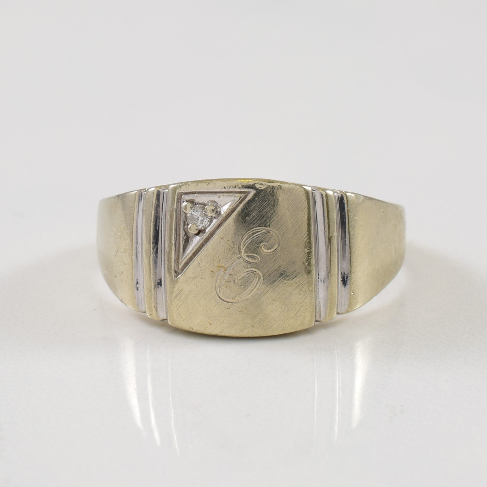Single Stone Diamond 'E' Initial Signet Ring | 0.02ct | SZ 9.75 |
