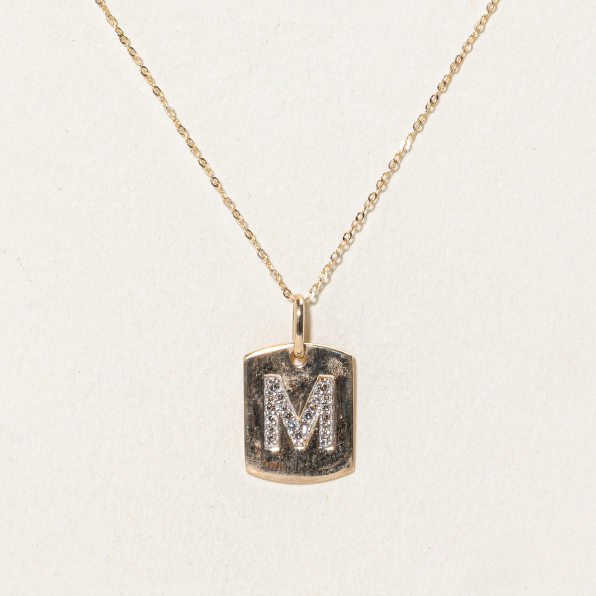 10k Diamond “M” Initial Tag Pendant Necklace | 17"
