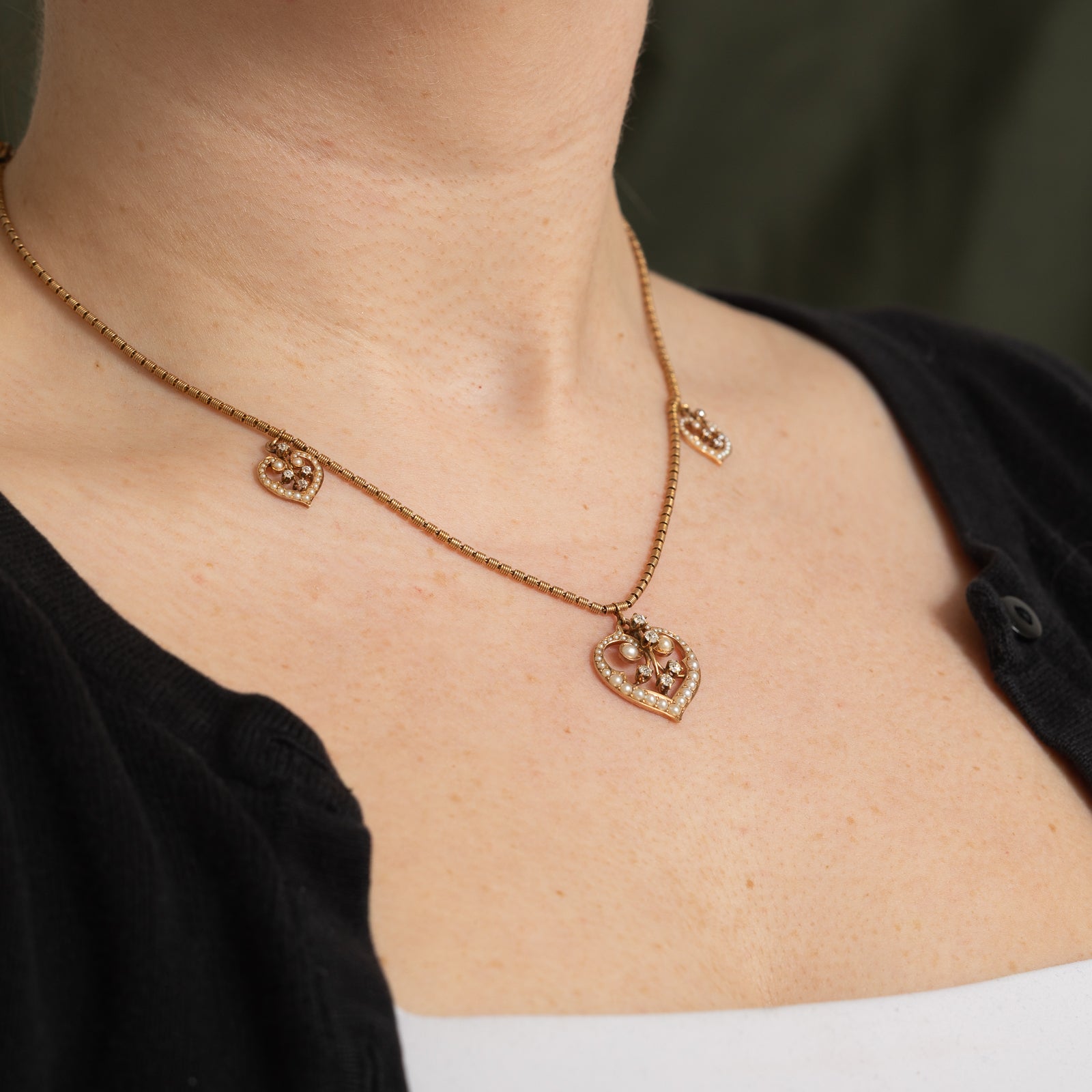 Pearl & Diamond Heart Charm Necklace | 0.31ctw | 17" |