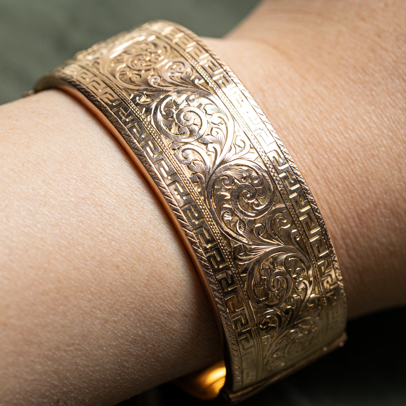 1944 Birmingham 9k Yellow Gold Engraved Bangle | 7" |