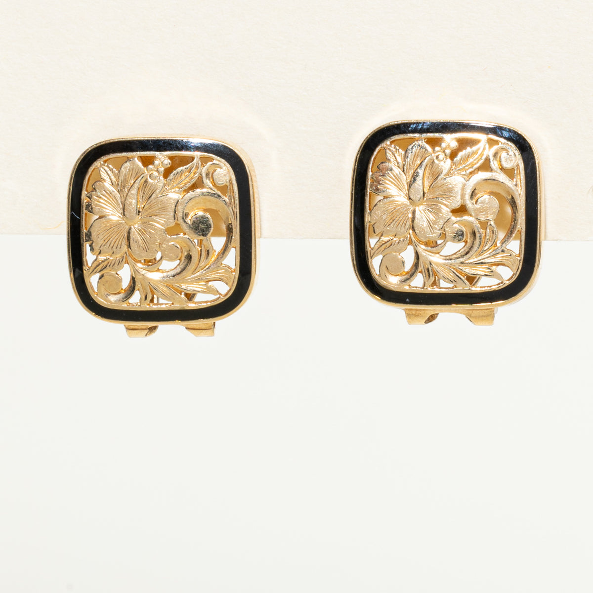 *ENVOYÉ À VANCOUVER GOLD* Boucles d'oreilles florales en or jaune 14 carats et émail noir