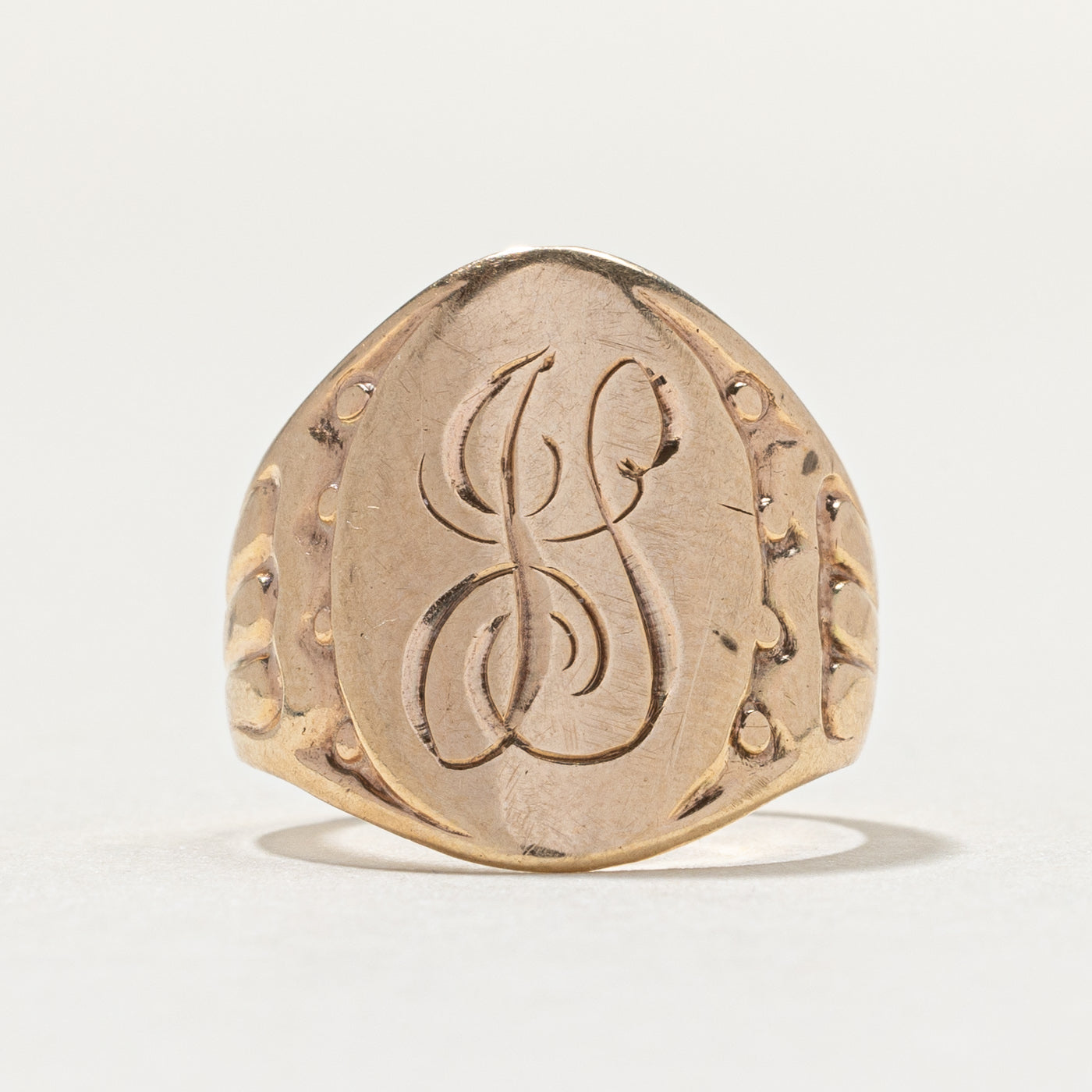 Bague chevalière vintage en or jaune 10 carats avec initiale « JS » | Taille 3,25
