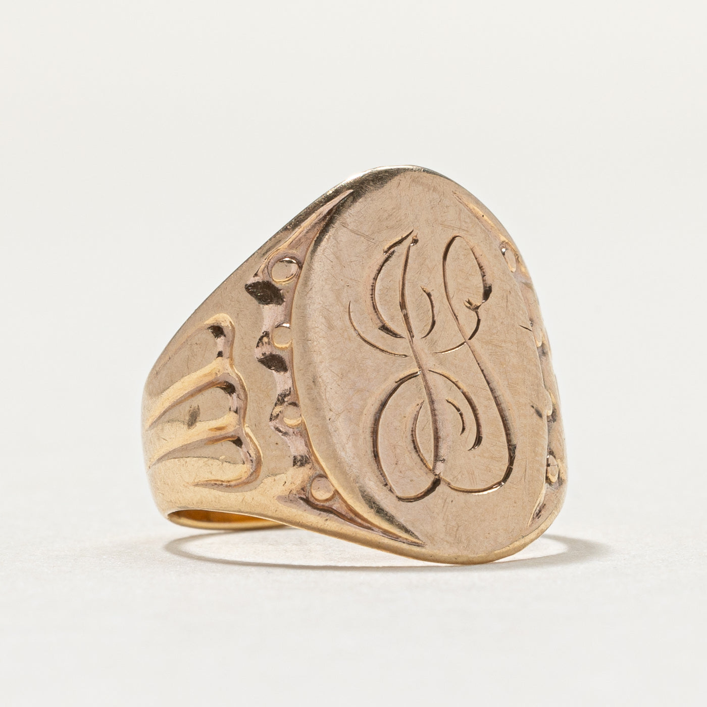 Bague chevalière vintage en or jaune 10 carats avec initiale « JS » | Taille 3,25