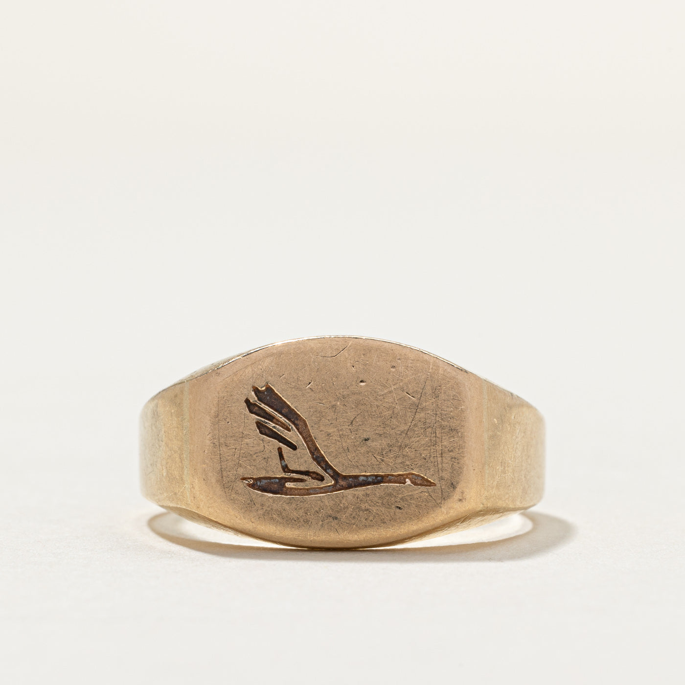 Bague chevalière vintage en or jaune 10 carats avec motif oiseau | Taille 10,5