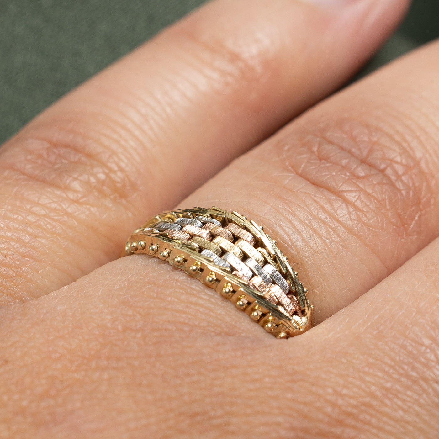14K Tri Tone Gold Woven Design Tapered Ring | SZ 7