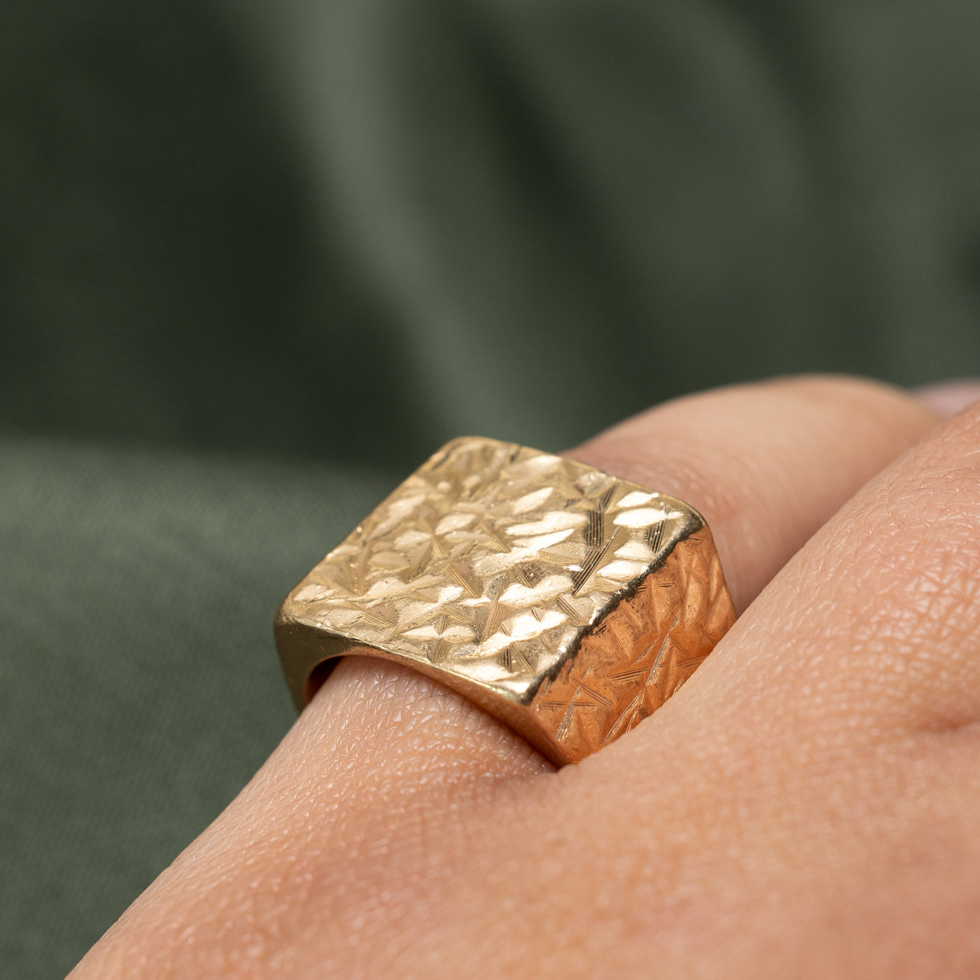 9K Yellow Gold Textured Square Signet Ring | SZ 6