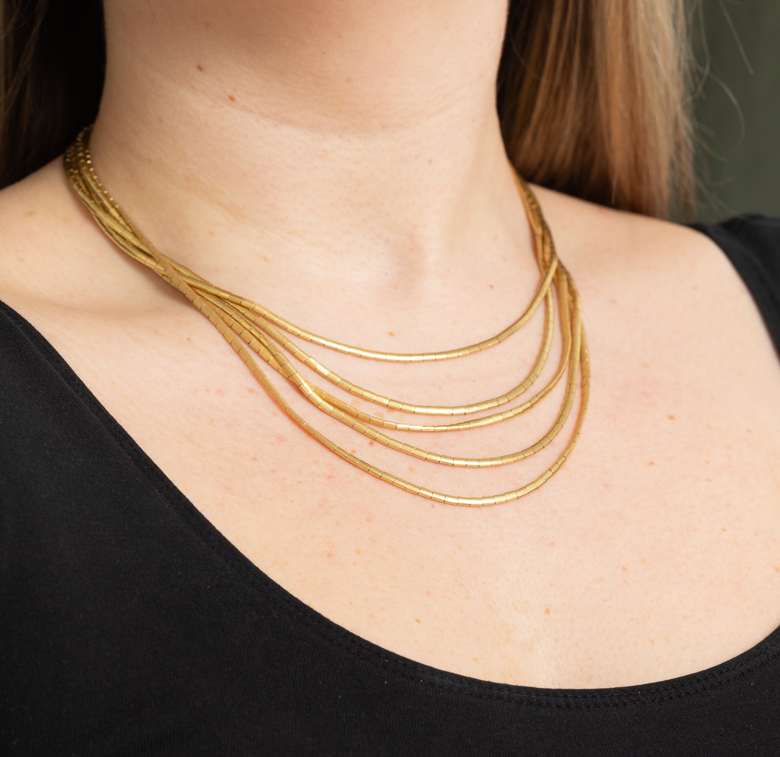 18K Yellow Gold Multi Layered Omega Necklace | 17"