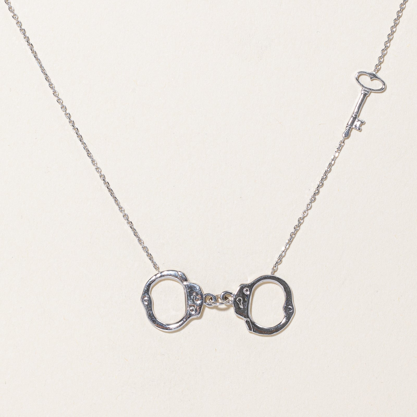 14K White Gold Hand Cuffs & Key Pendant Necklace | 16.5"