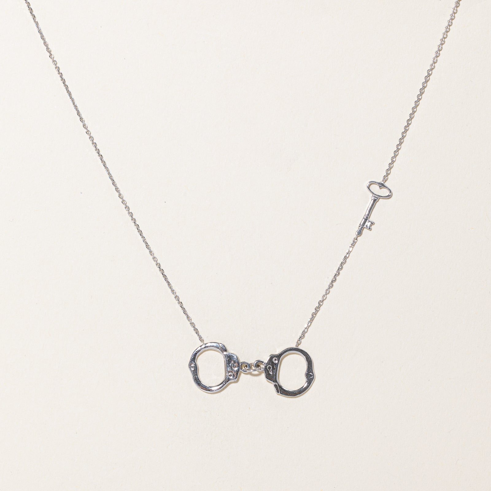14K White Gold Hand Cuffs & Key Pendant Necklace | 16.5"