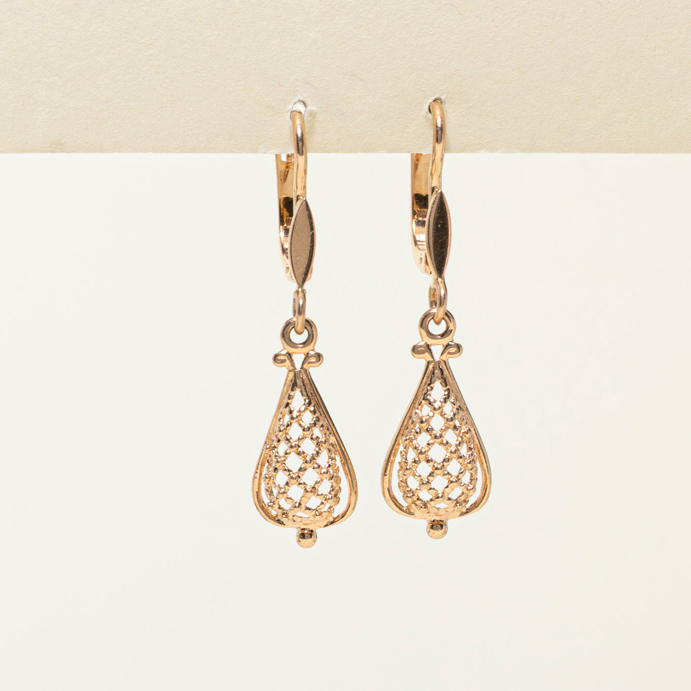 1987 Kiev 14k Rose Gold Openwork Drop Earrings