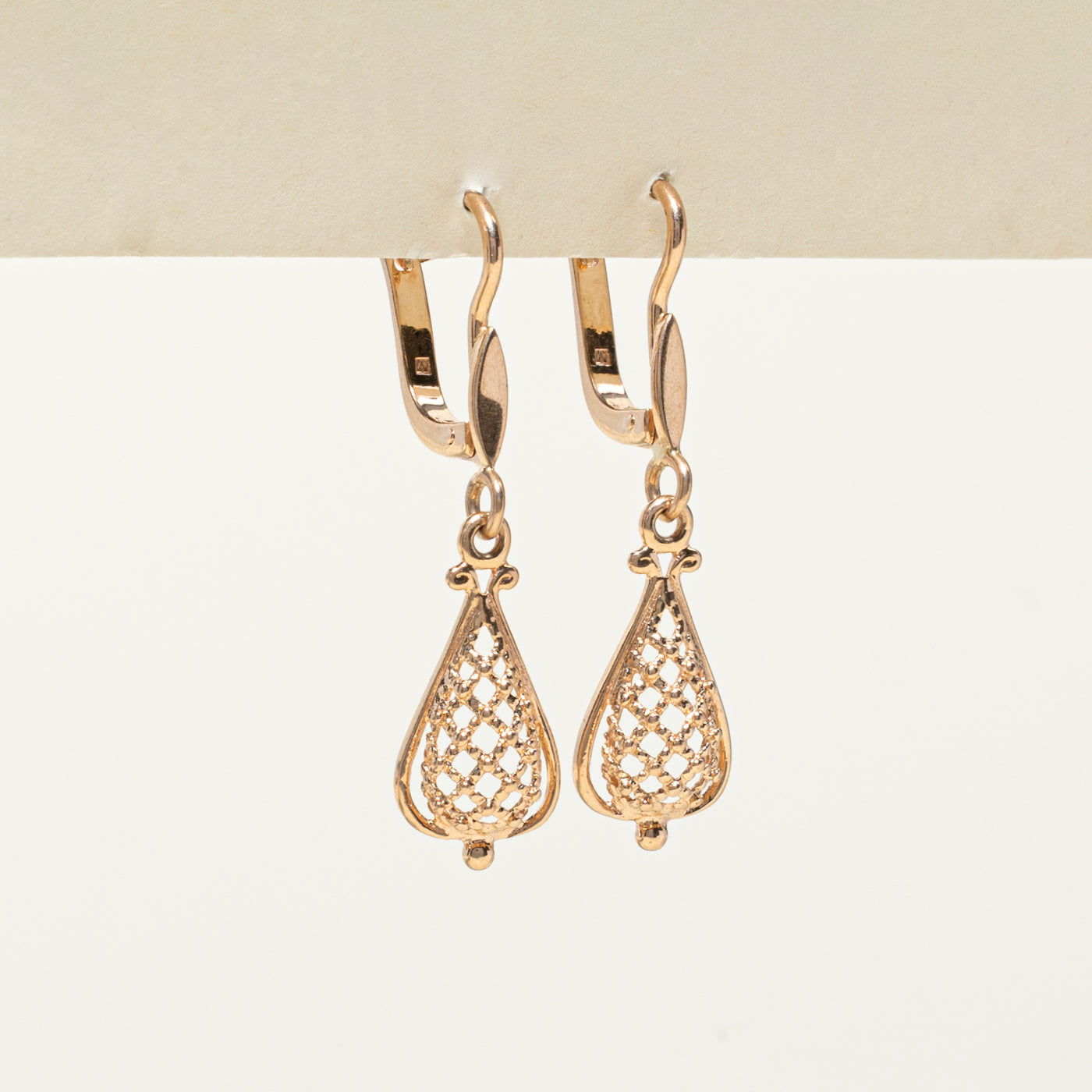 1987 Kiev 14k Rose Gold Openwork Drop Earrings