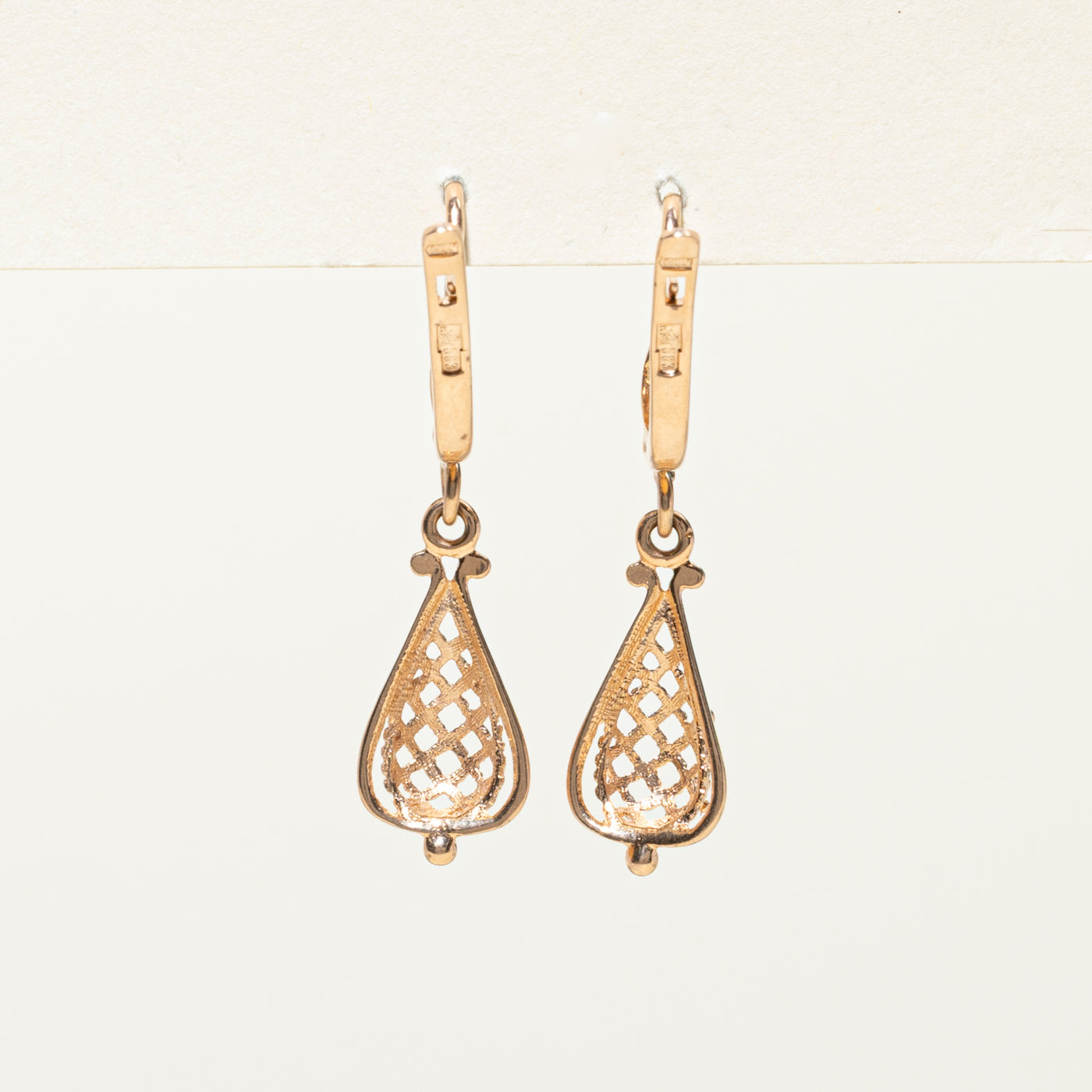 1987 Kiev 14k Rose Gold Openwork Drop Earrings