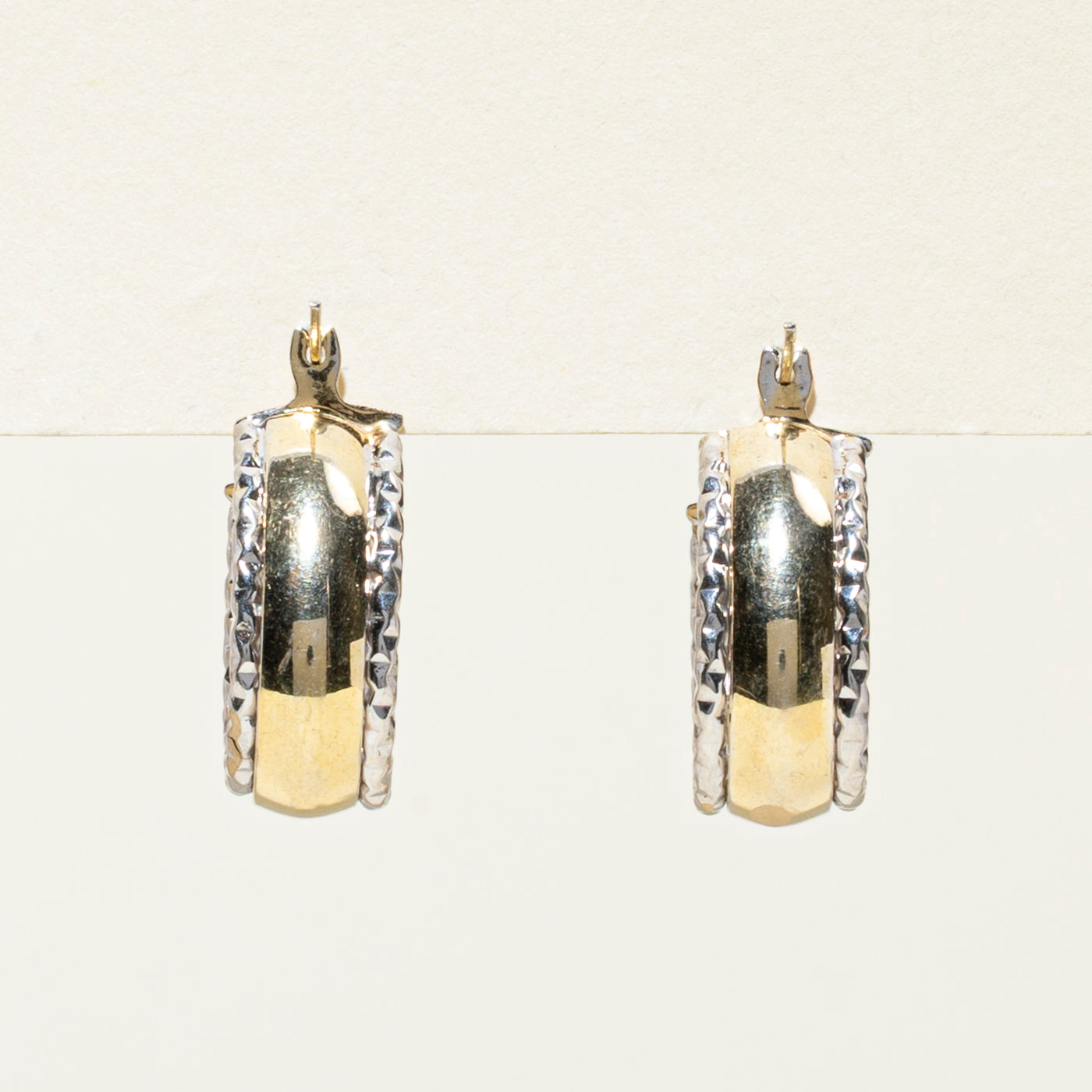 14k Two Tone Gold Textured Hoop Earrings