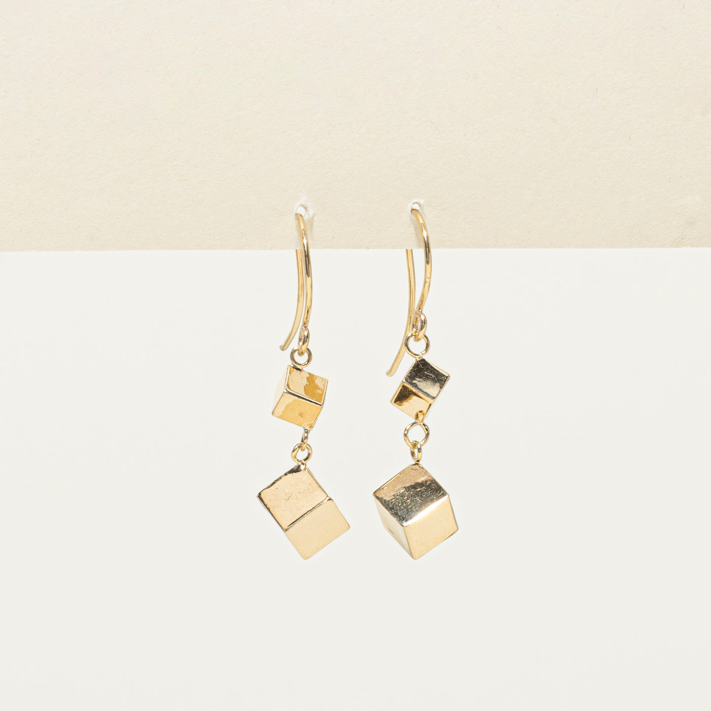 14k Yellow Gold Shiny Cube Drop Earrings